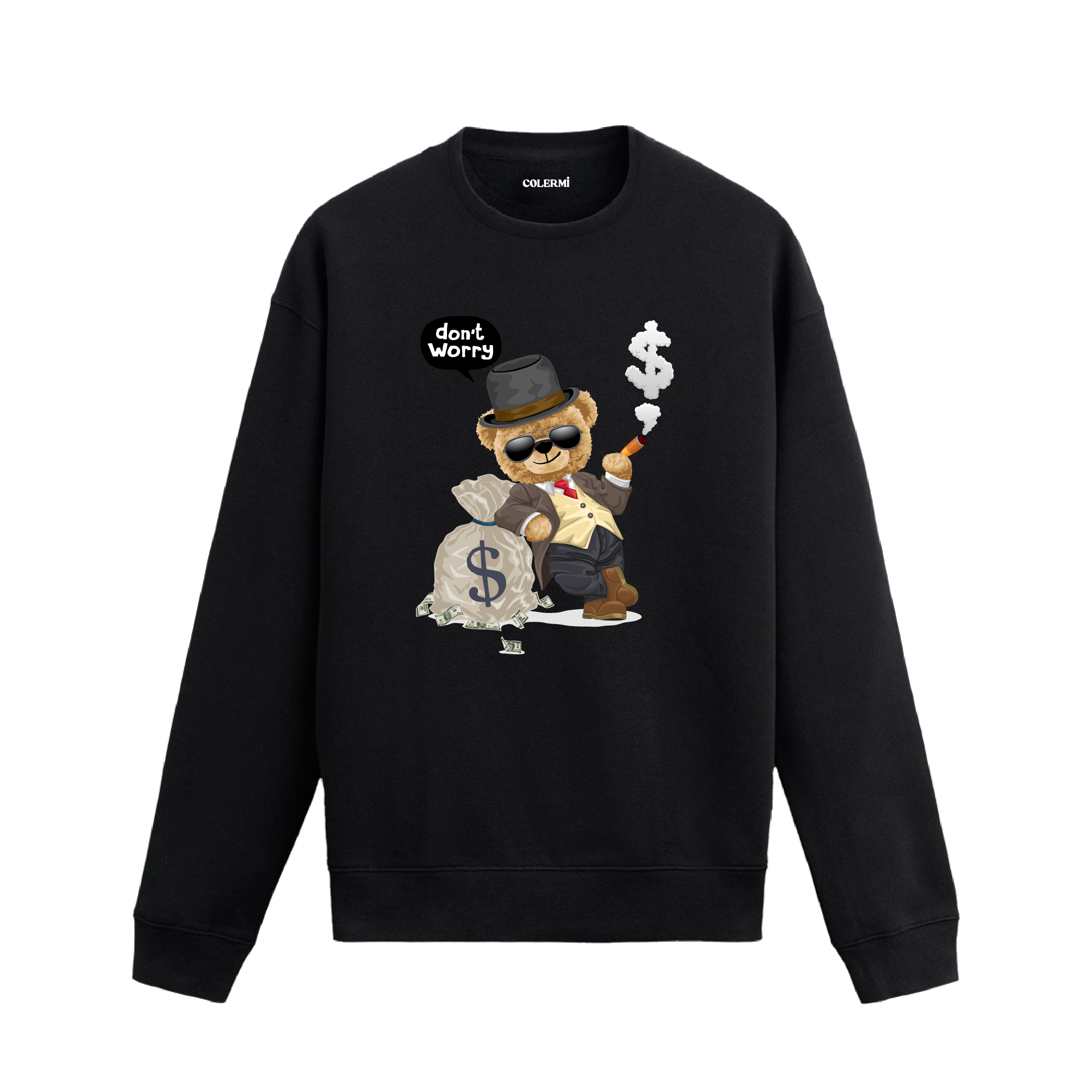Don’t Worry Ayıcık Baskılı Sweatshirt, eğlenceli tasarımı ve %100 pamuklu kumaşı ile şık ve rahat bir giyim deneyimi sunuyor.