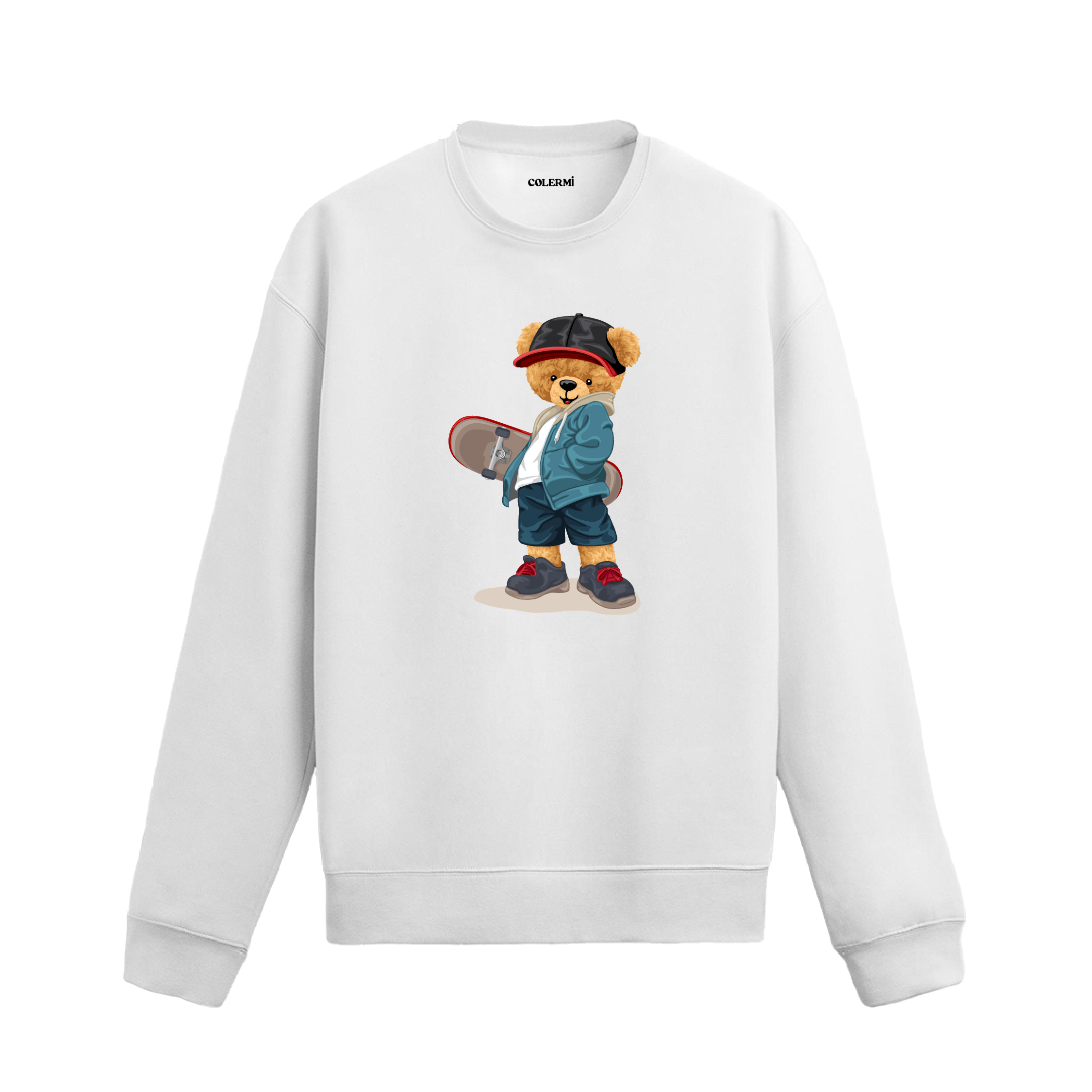 Street Skater Bear Ayıcık Baskılı Sweatshirt, kaykay temalı tasarımı ve %100 pamuklu kumaşı ile enerjik ve özgün bir stil sunuyor.