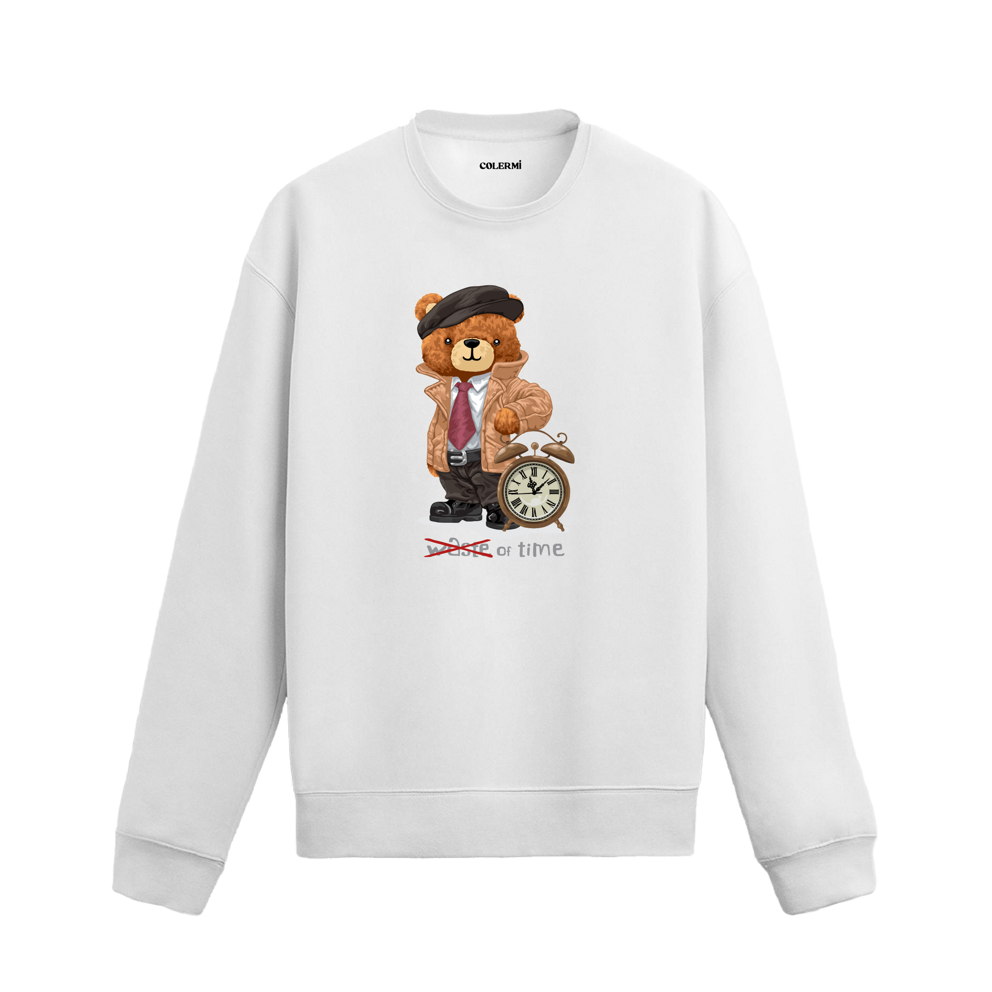 Time Keeper Ayıcık Baskılı Sweatshirt, saat temalı tasarımı ve %100 pamuklu kumaşı ile rahat ve özgün bir görünüm sunuyor.