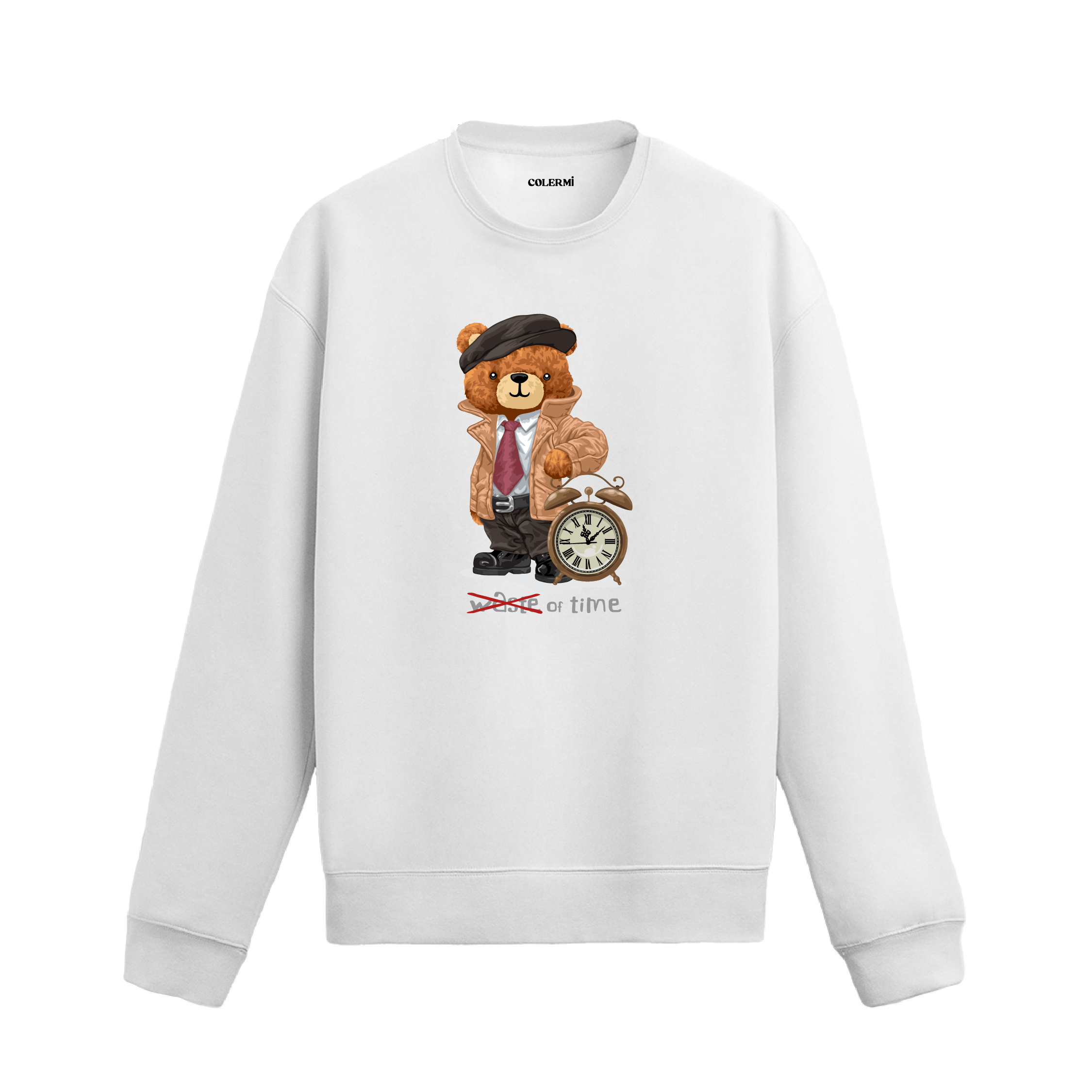 Time Keeper Ayıcık Baskılı Sweatshirt, saat temalı tasarımı ve %100 pamuklu kumaşı ile rahat ve özgün bir görünüm sunuyor.