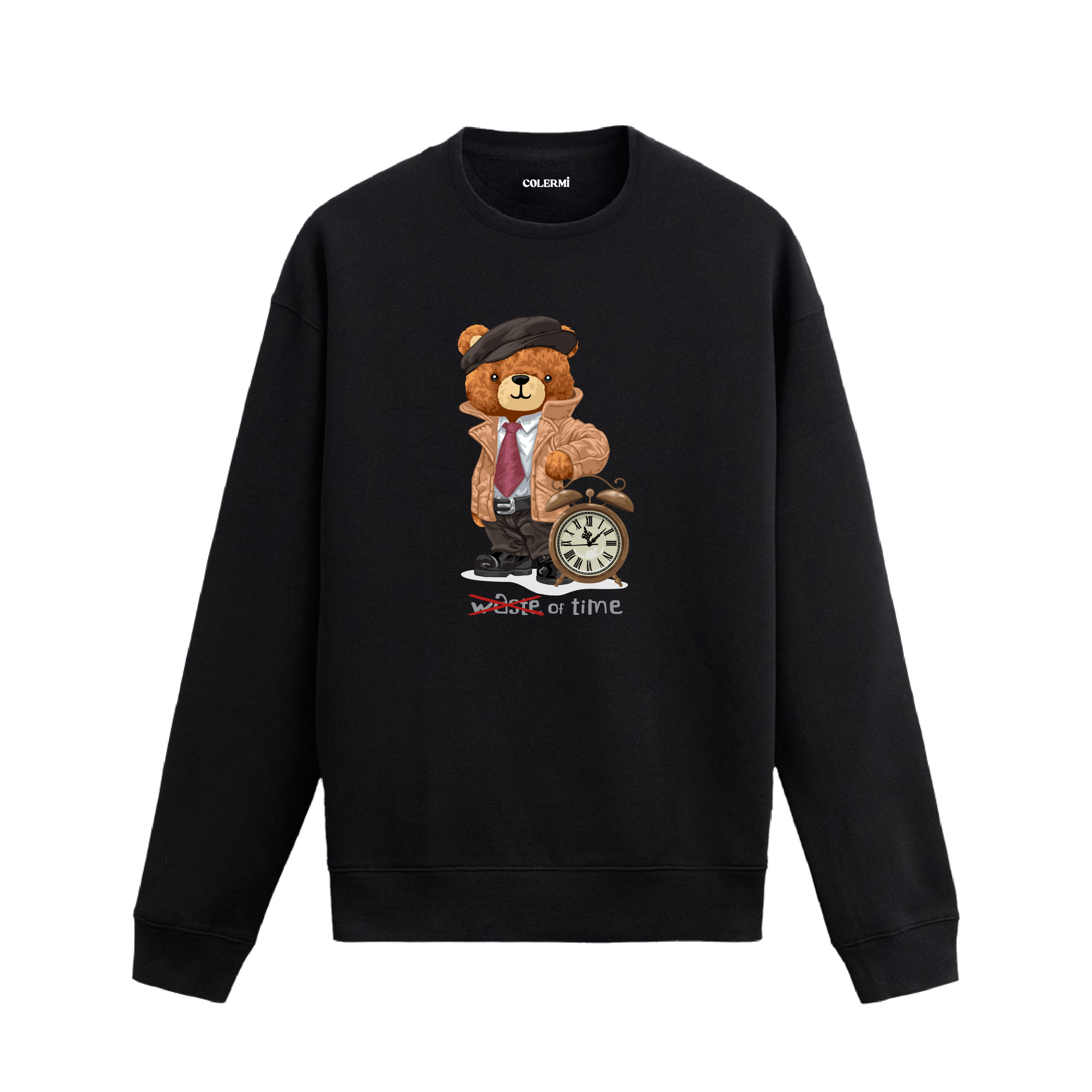 Time Keeper Ayıcık Baskılı Sweatshirt, saat temalı tasarımı ve %100 pamuklu kumaşı ile rahat ve özgün bir görünüm sunuyor.