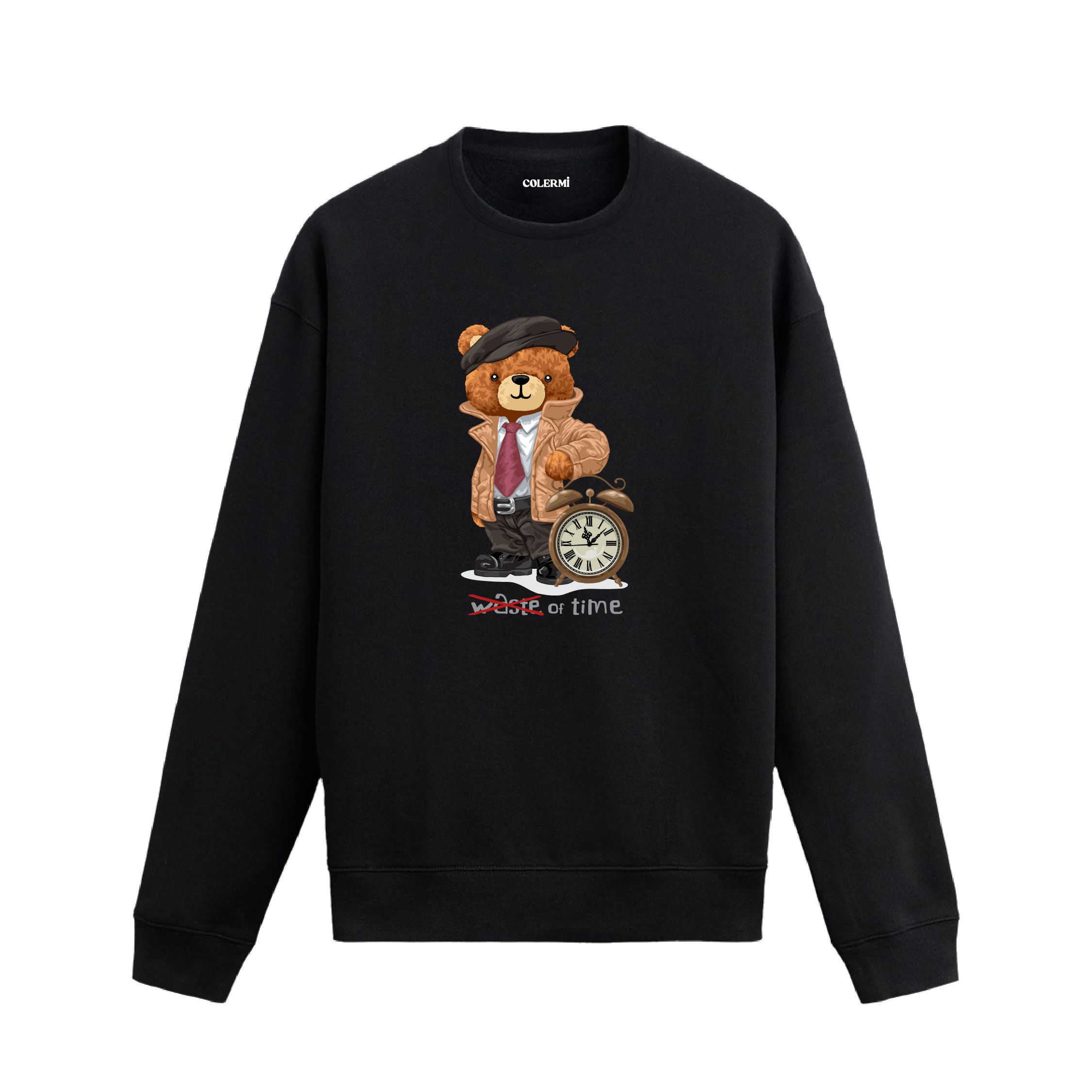 Time Keeper Ayıcık Baskılı Sweatshirt, saat temalı tasarımı ve %100 pamuklu kumaşı ile rahat ve özgün bir görünüm sunuyor.