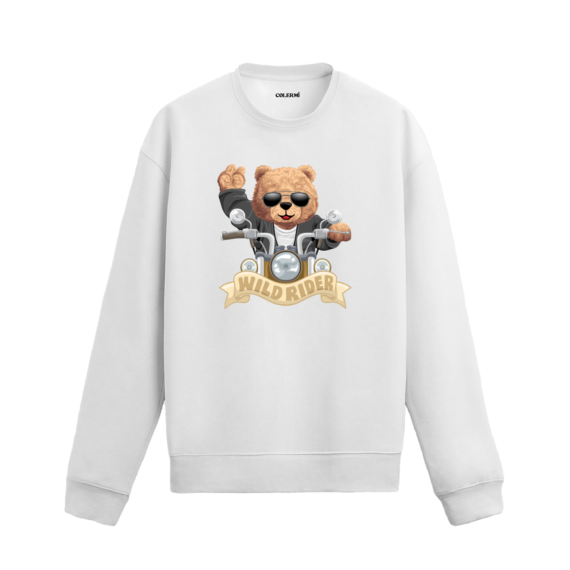 Wild Rider Ayıcık Baskılı Sweatshirt, motosiklet temalı tasarımı ve %100 pamuklu kumaşı ile konforlu ve özgün bir stil sunuyor.