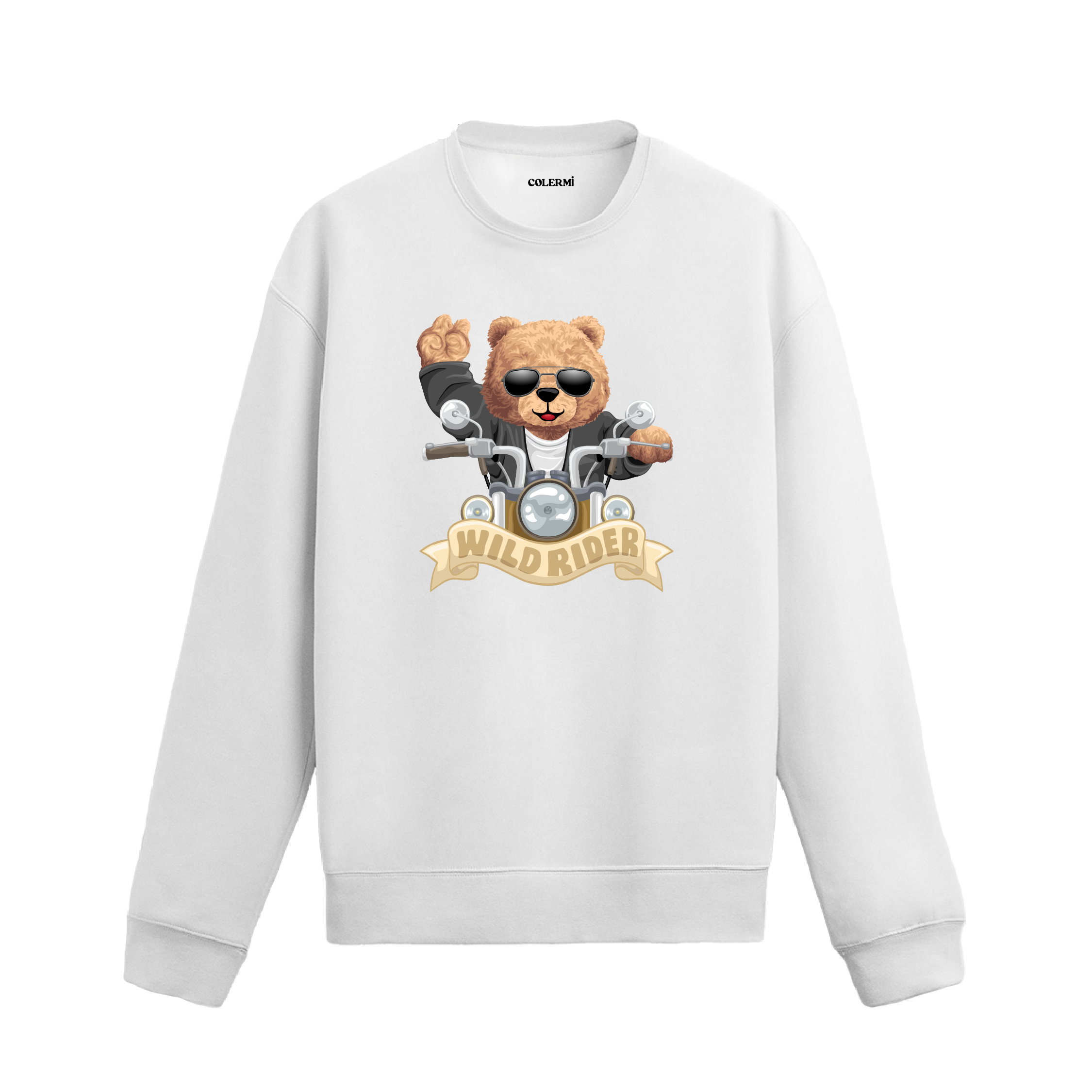 Wild Rider Ayıcık Baskılı Sweatshirt, motosiklet temalı tasarımı ve %100 pamuklu kumaşı ile konforlu ve özgün bir stil sunuyor.