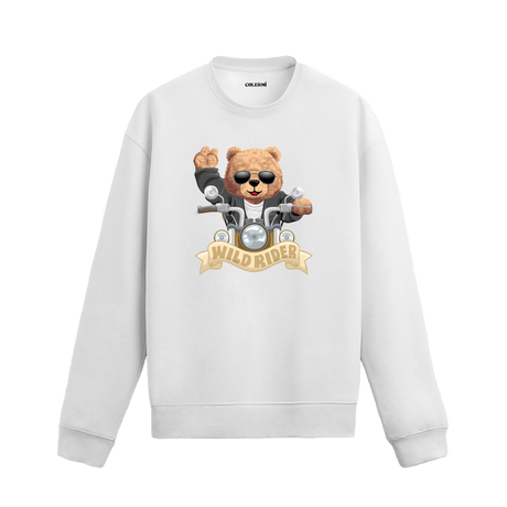 Wild Rider Ayıcık Baskılı Sweatshirt, motosiklet temalı tasarımı ve %100 pamuklu kumaşı ile konforlu ve özgün bir stil sunuyor.