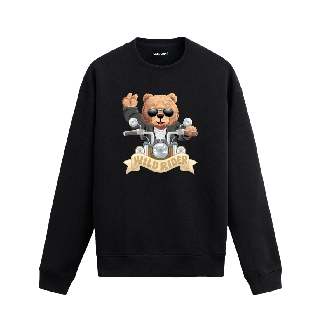 Wild Rider Ayıcık Baskılı Sweatshirt, motosiklet temalı tasarımı ve %100 pamuklu kumaşı ile konforlu ve özgün bir stil sunuyor.