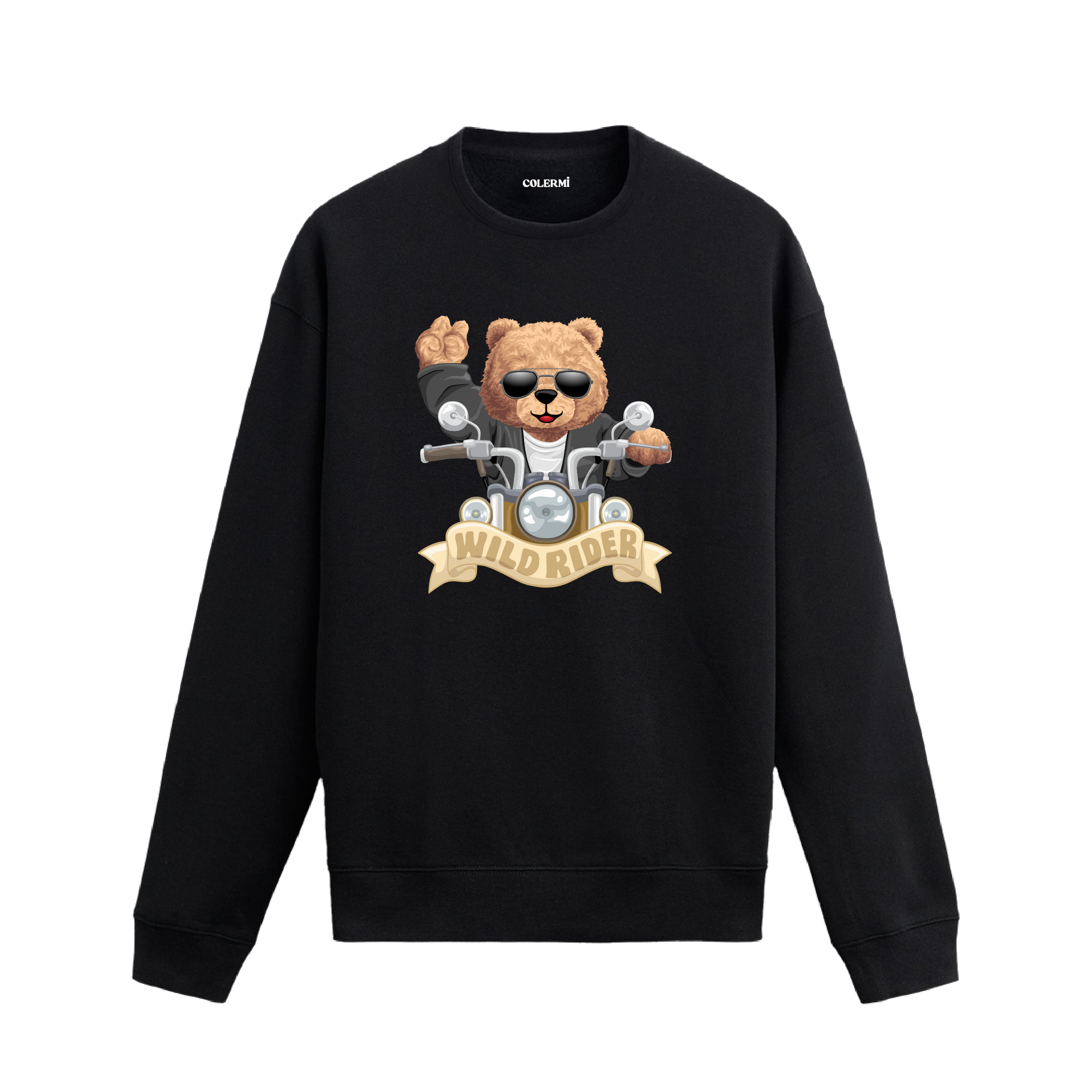 Wild Rider Ayıcık Baskılı Sweatshirt, motosiklet temalı tasarımı ve %100 pamuklu kumaşı ile konforlu ve özgün bir stil sunuyor.