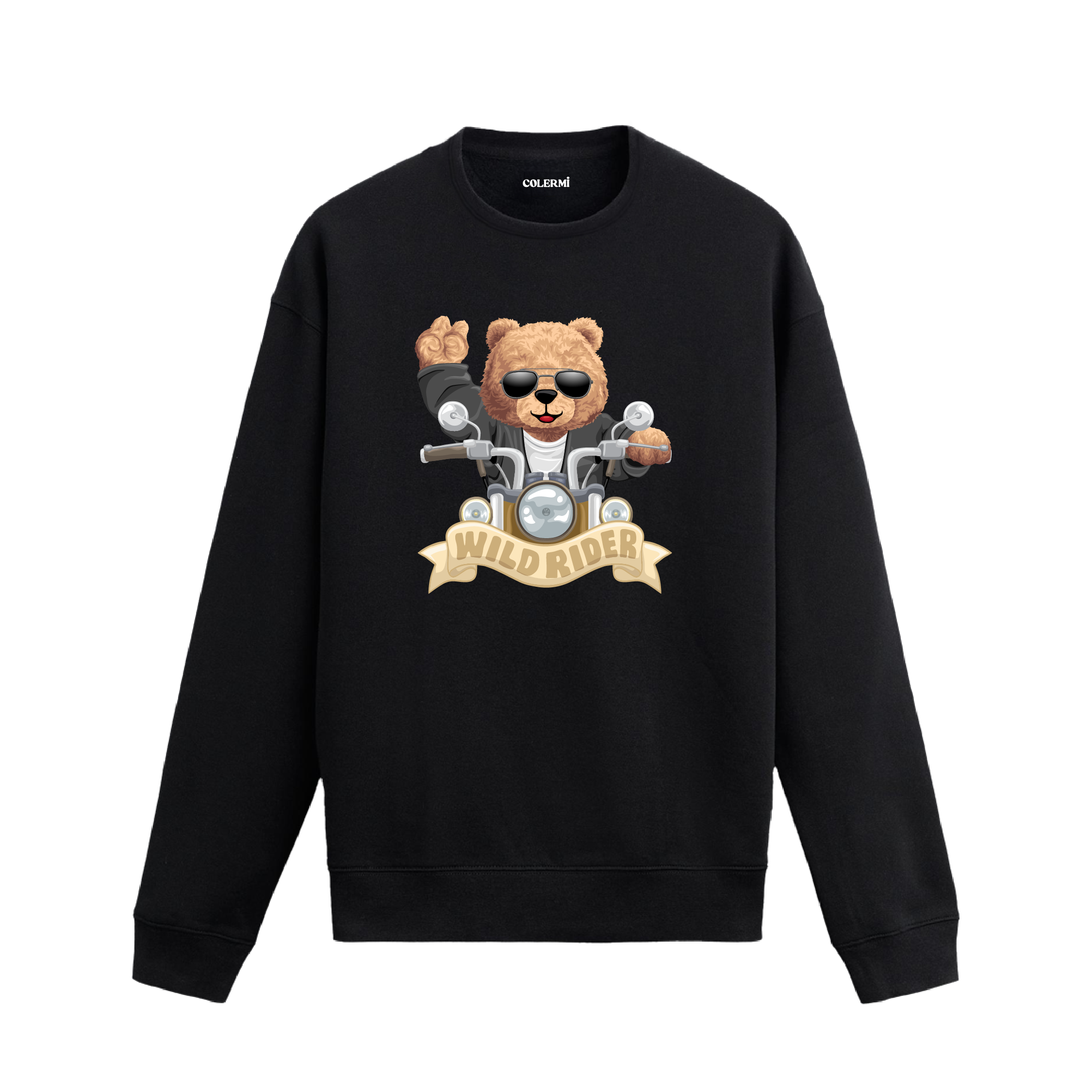 Wild Rider Ayıcık Baskılı Sweatshirt, motosiklet temalı tasarımı ve %100 pamuklu kumaşı ile konforlu ve özgün bir stil sunuyor.