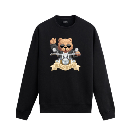 Wild Rider Ayıcık Baskılı Sweatshirt, motosiklet temalı tasarımı ve %100 pamuklu kumaşı ile konforlu ve özgün bir stil sunuyor.