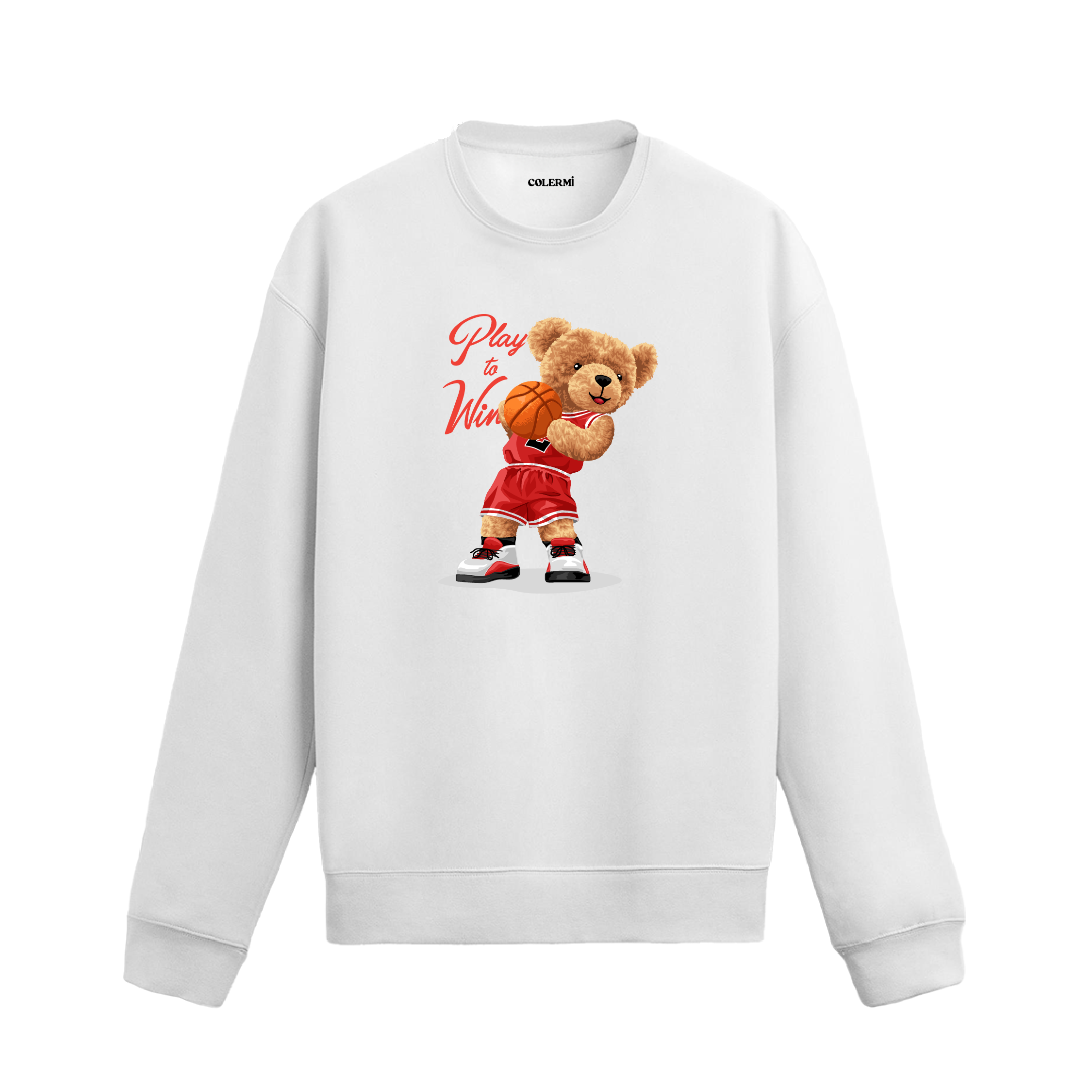 Basketbol Play to Win ayıcık baskılı sweatshirt, spor temalı tasarımı ve pamuklu dokusuyla enerjik bir stil sunuyor.