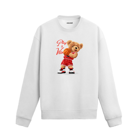 Basketbol Play to Win ayıcık baskılı sweatshirt, spor temalı tasarımı ve pamuklu dokusuyla enerjik bir stil sunuyor.