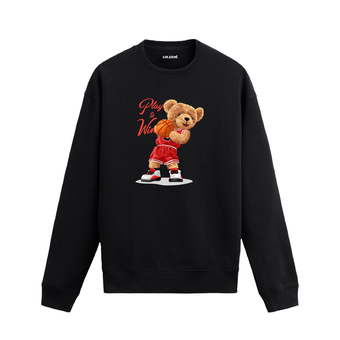 Basketbol Play to Win ayıcık baskılı sweatshirt, spor temalı tasarımı ve pamuklu dokusuyla enerjik bir stil sunuyor.