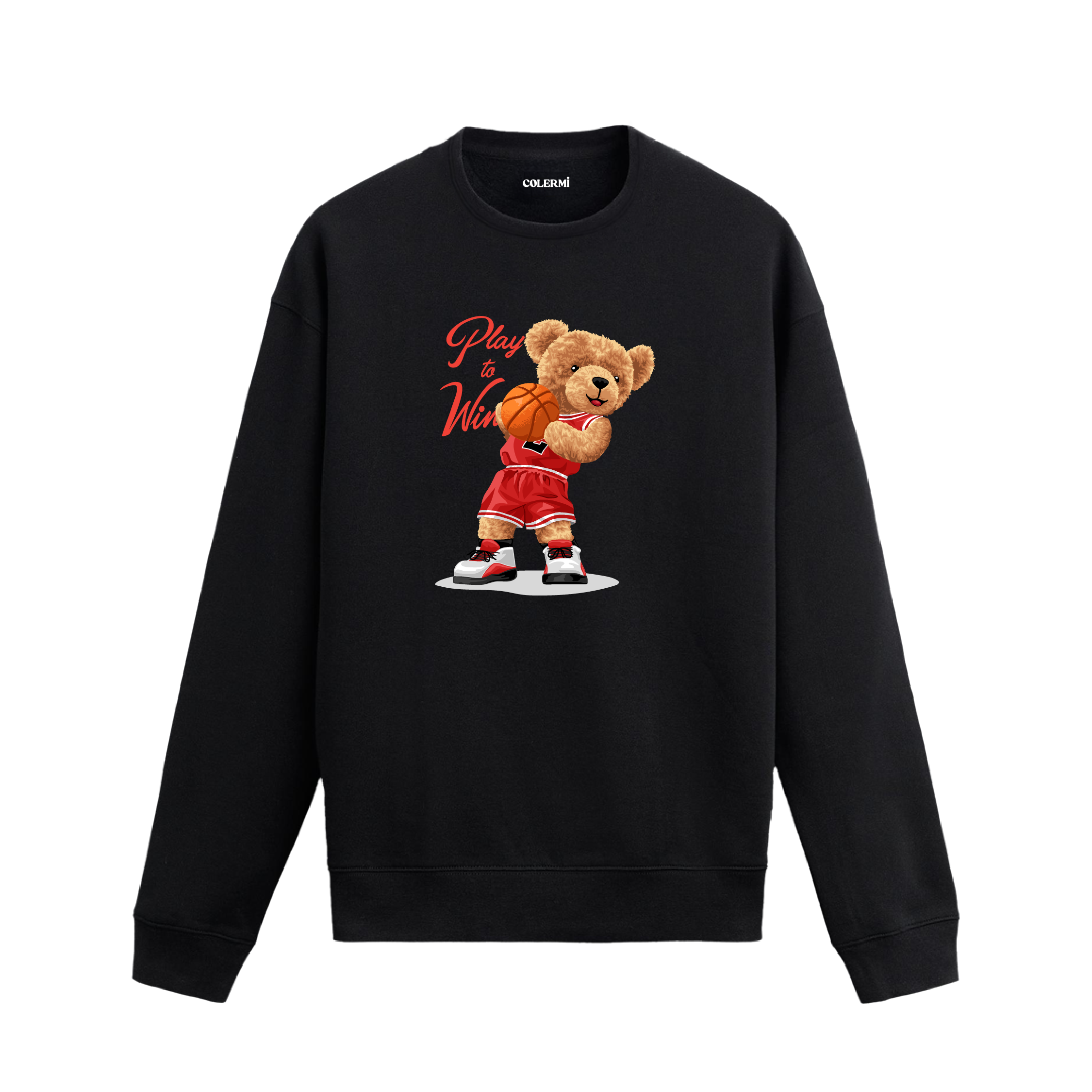 Basketbol Play to Win ayıcık baskılı sweatshirt, spor temalı tasarımı ve pamuklu dokusuyla enerjik bir stil sunuyor.