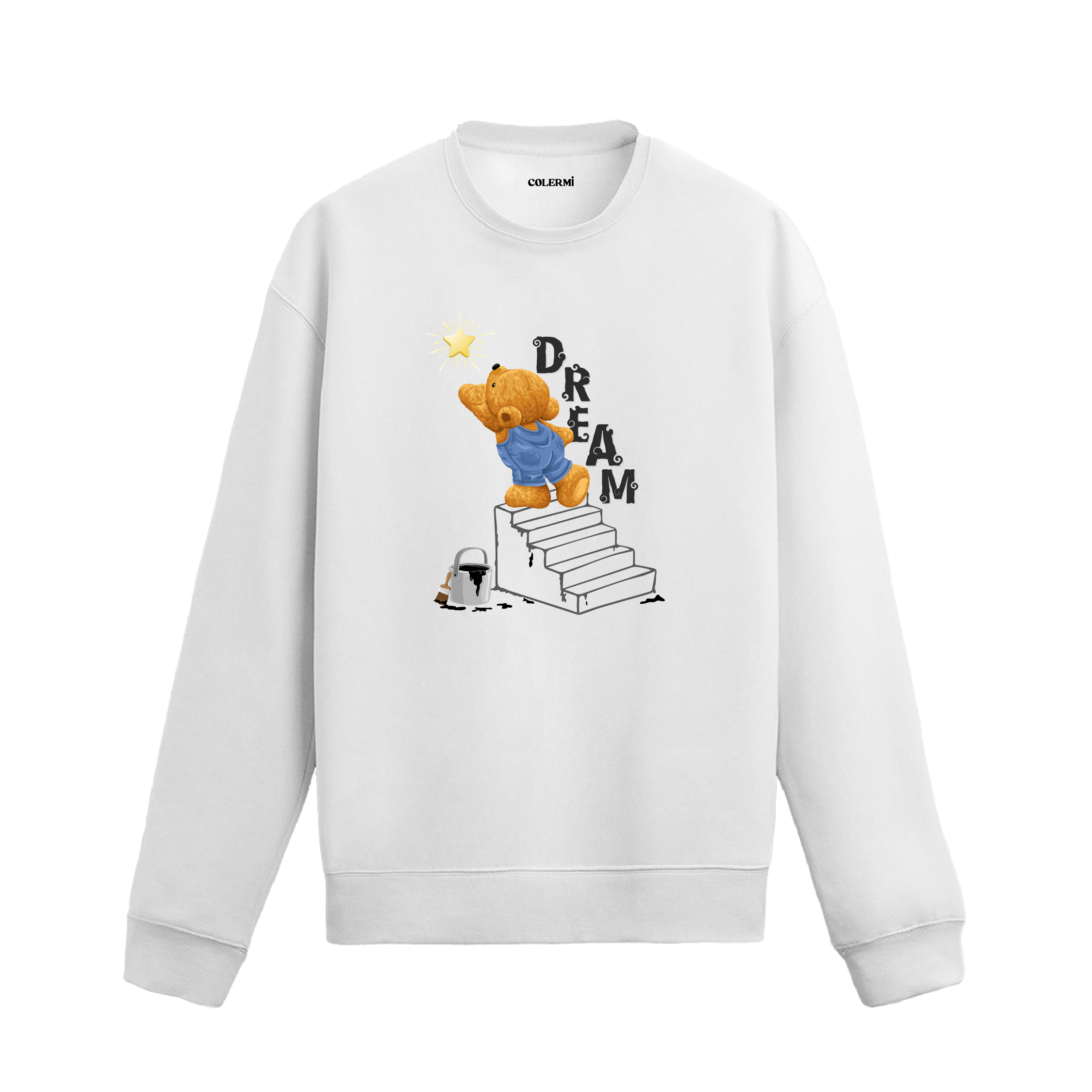 Dream Star ayıcık baskılı sweatshirt, yıldızlara uzanan tasarımı ve pamuklu dokusuyla hayallerine eşlik eden rahat bir stil sunuyor.