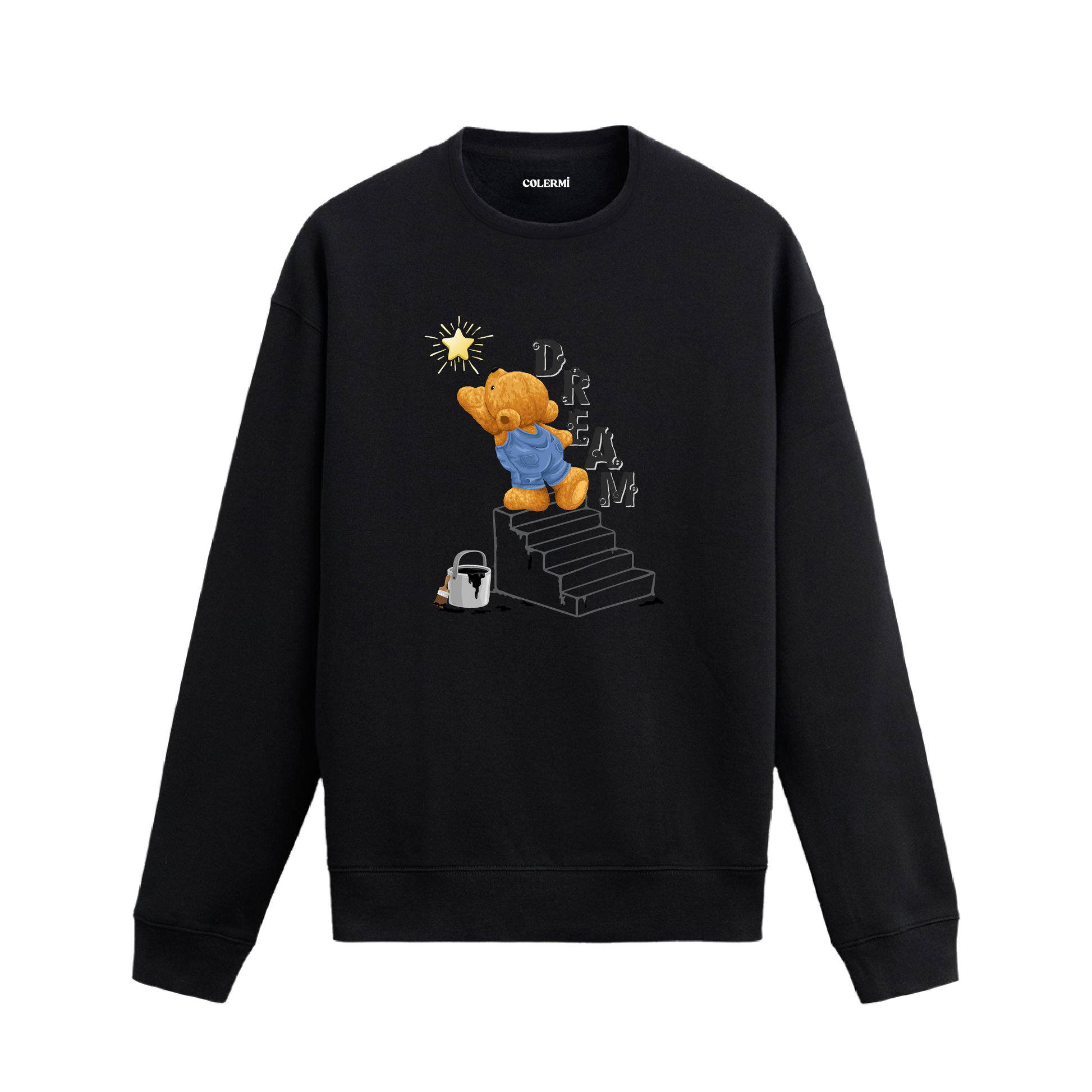 Dream Star ayıcık baskılı sweatshirt, yıldızlara uzanan tasarımı ve pamuklu dokusuyla hayallerine eşlik eden rahat bir stil sunuyor.