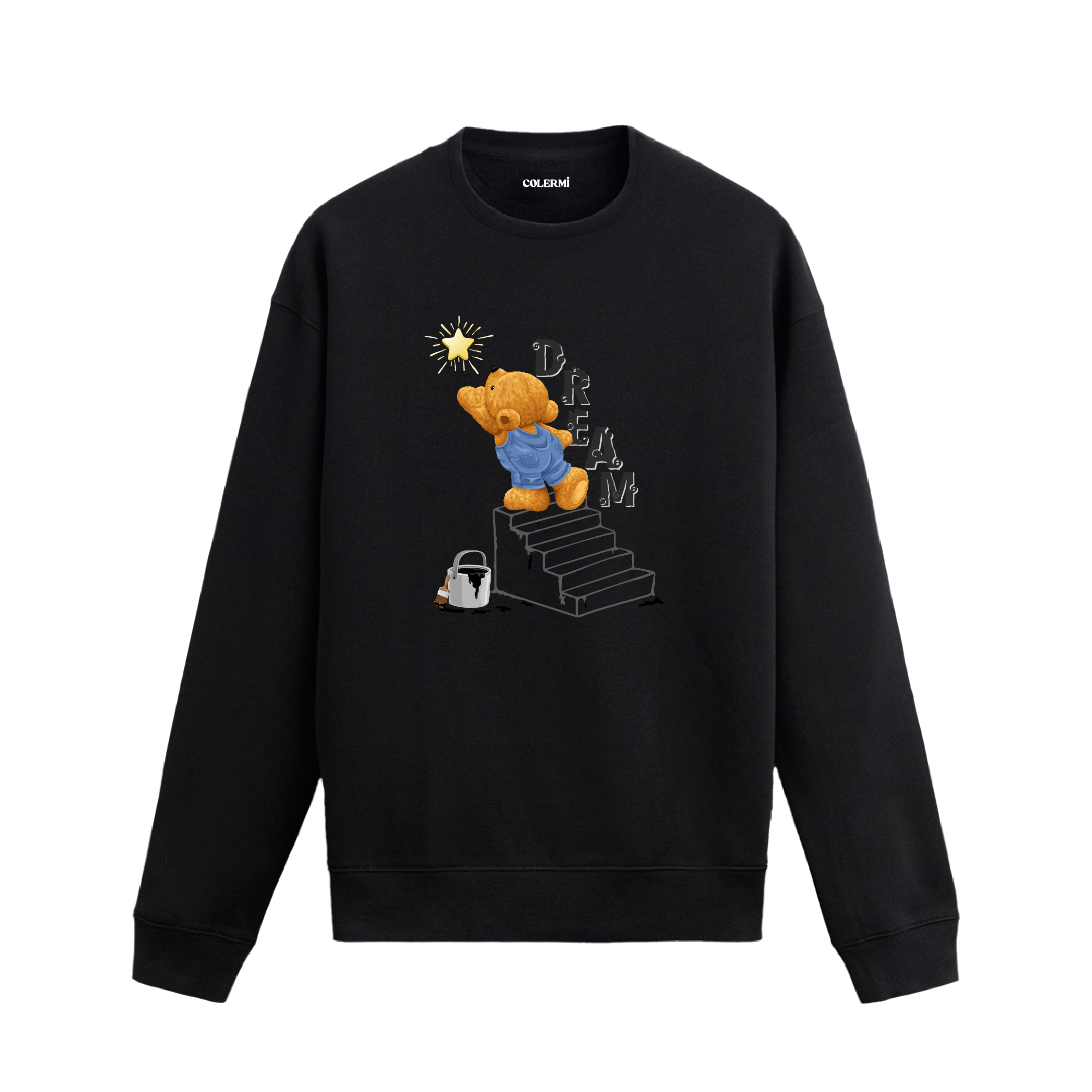 Dream Star ayıcık baskılı sweatshirt, yıldızlara uzanan tasarımı ve pamuklu dokusuyla hayallerine eşlik eden rahat bir stil sunuyor.