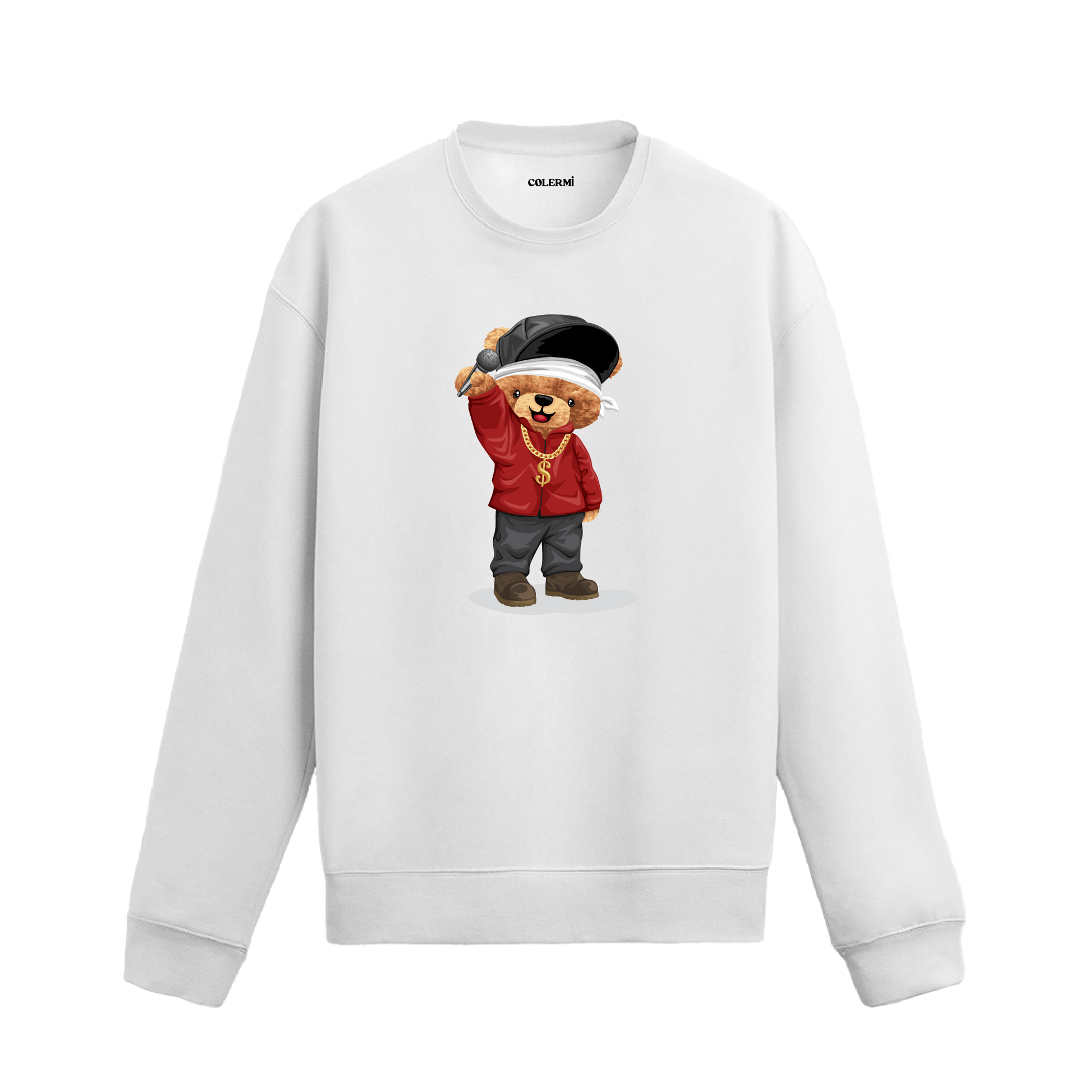 Hip hop mikrofon tasarımlı ayıcık baskılı sweatshirt, pamuklu kumaşıyla konforu ve özgün stili bir arada sunuyor.