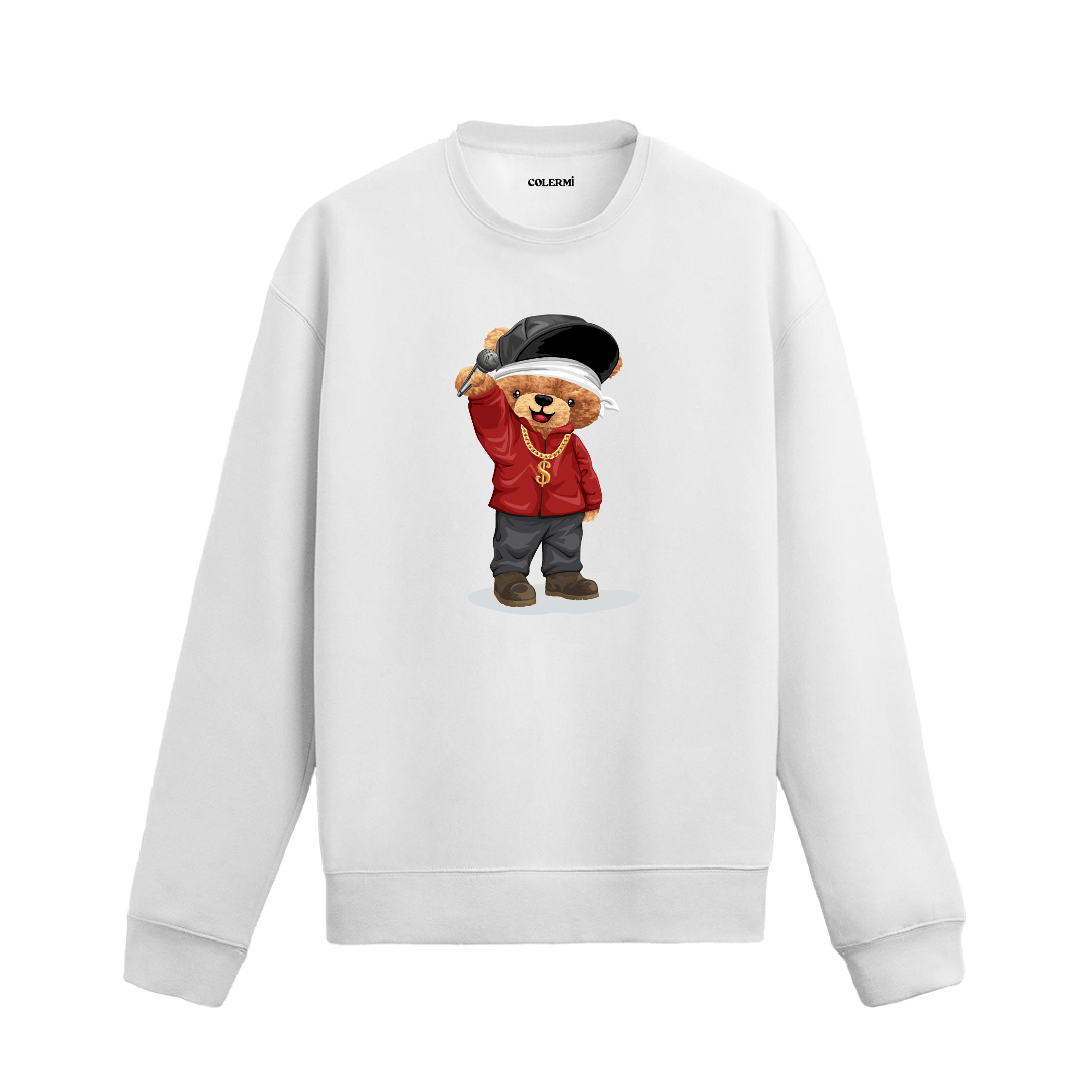 Hip hop mikrofon tasarımlı ayıcık baskılı sweatshirt, pamuklu kumaşıyla konforu ve özgün stili bir arada sunuyor.