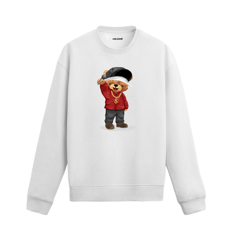 Hip hop mikrofon tasarımlı ayıcık baskılı sweatshirt, pamuklu kumaşıyla konforu ve özgün stili bir arada sunuyor.