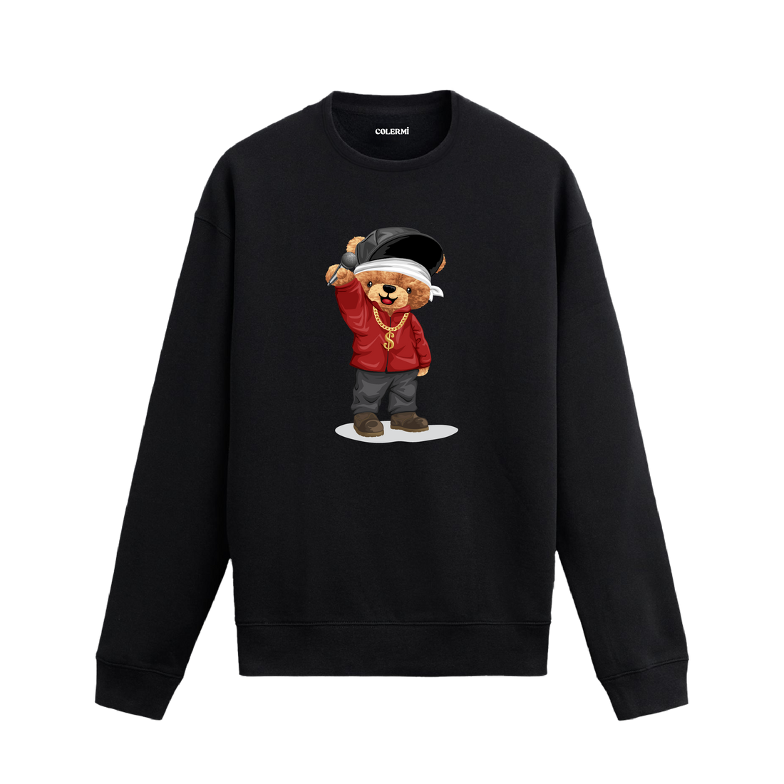 Hip hop mikrofon tasarımlı ayıcık baskılı sweatshirt, pamuklu kumaşıyla konforu ve özgün stili bir arada sunuyor.