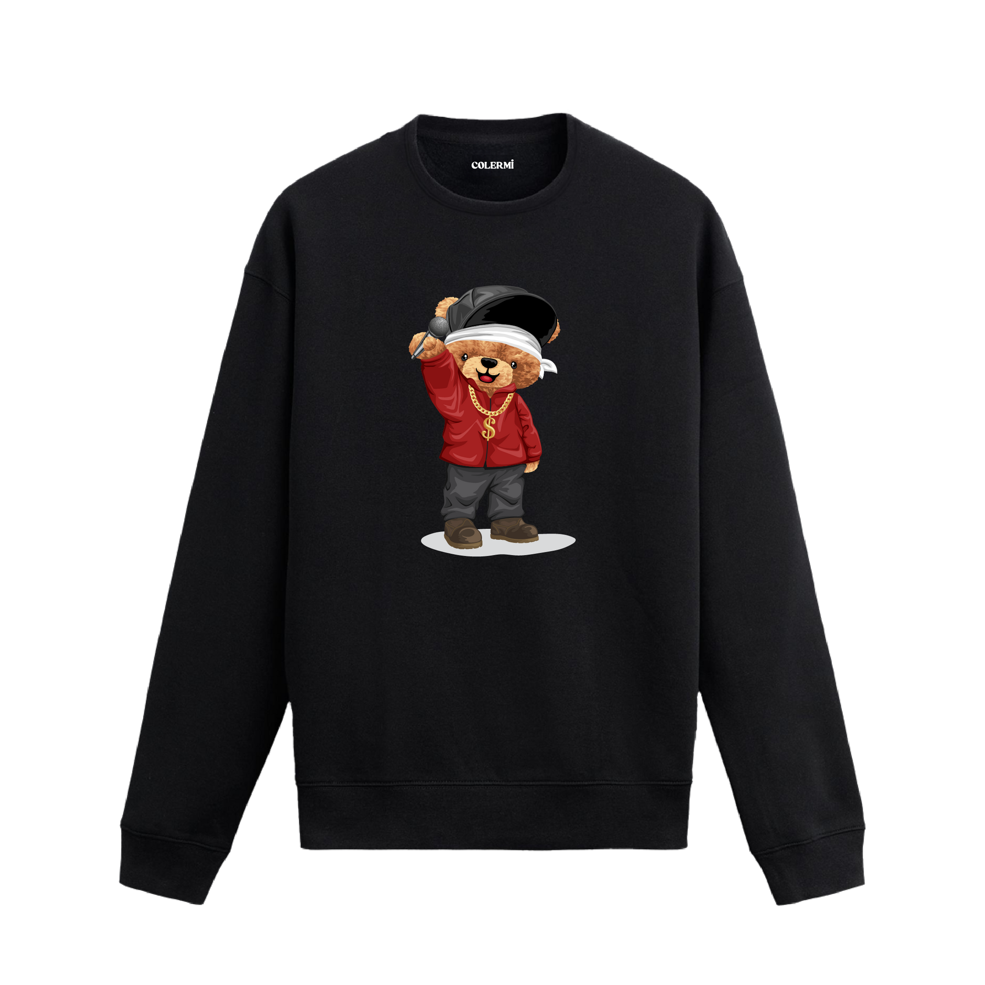 Hip hop mikrofon tasarımlı ayıcık baskılı sweatshirt, pamuklu kumaşıyla konforu ve özgün stili bir arada sunuyor.