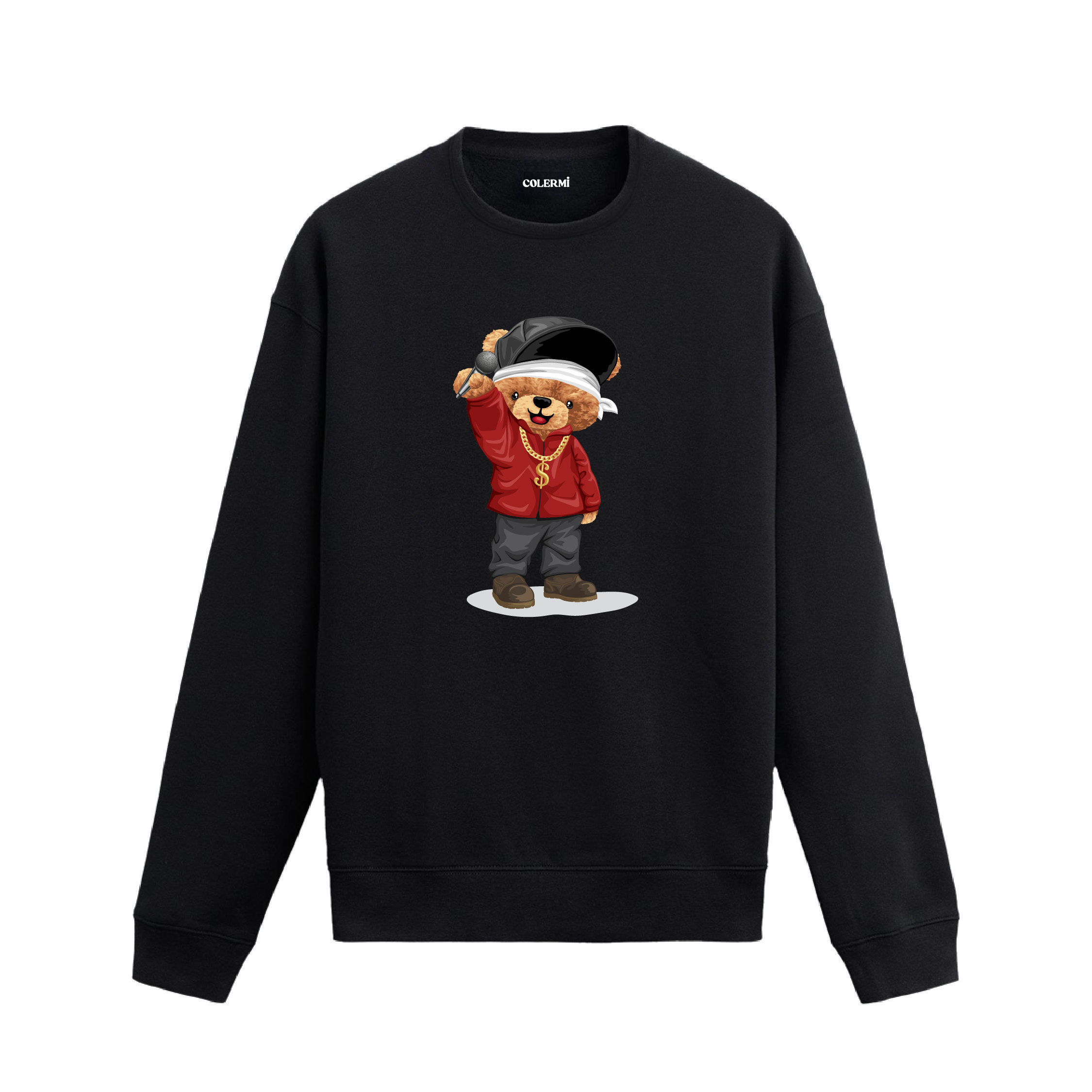 Hip hop mikrofon tasarımlı ayıcık baskılı sweatshirt, pamuklu kumaşıyla konforu ve özgün stili bir arada sunuyor.