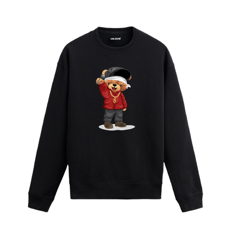 Hip hop mikrofon tasarımlı ayıcık baskılı sweatshirt, pamuklu kumaşıyla konforu ve özgün stili bir arada sunuyor.