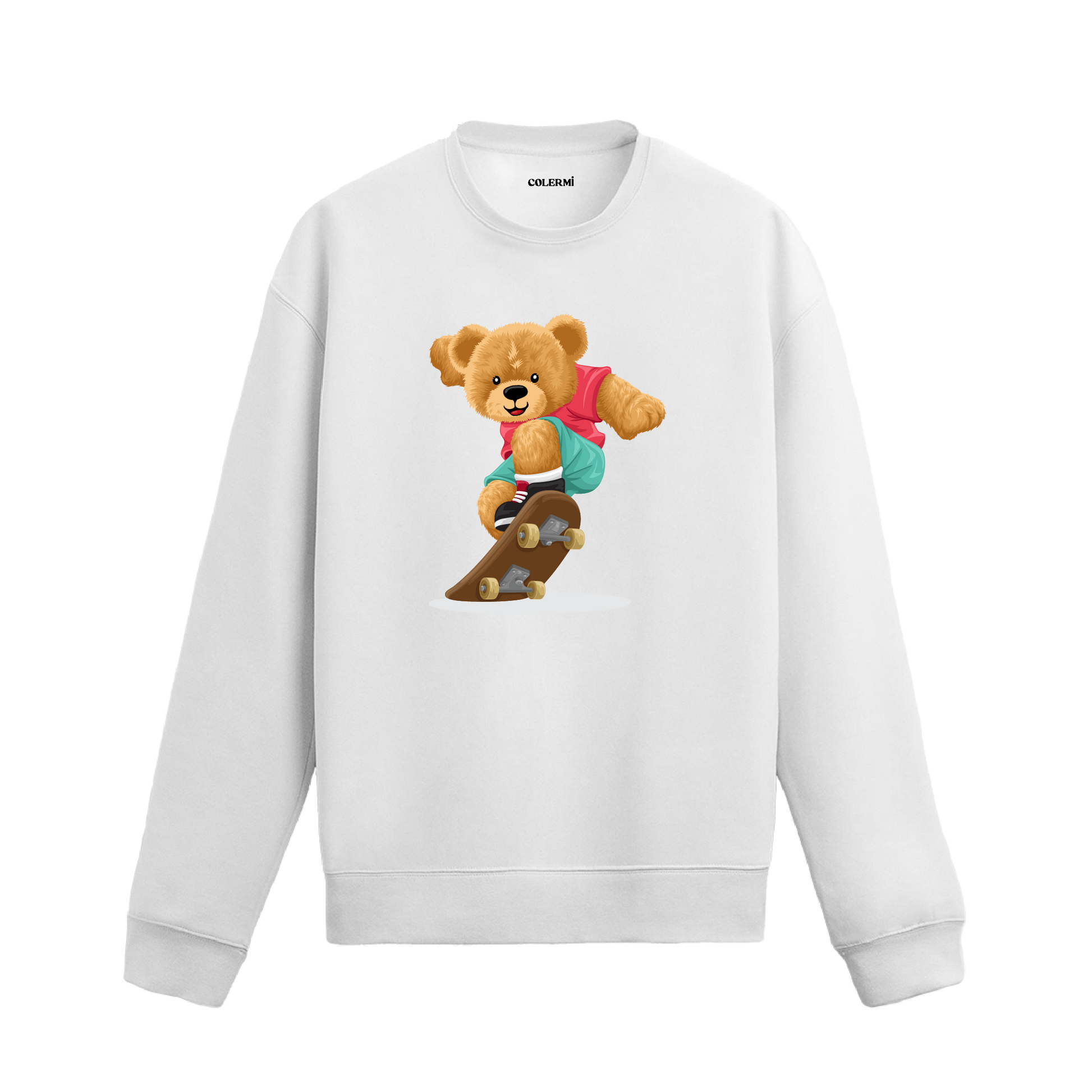 Kaykaycı ayıcık baskılı sweatshirt, eğlenceli tasarımı ve pamuklu kumaşıyla sokak stiline enerji katıyor.