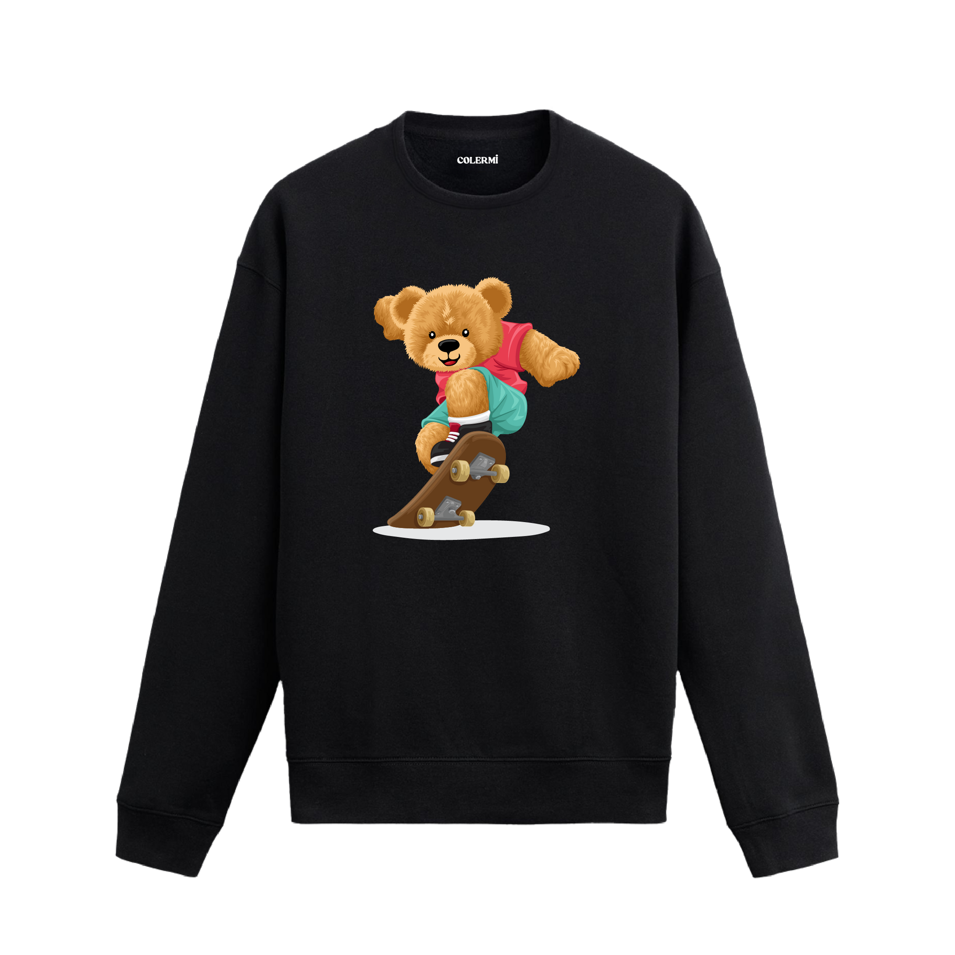 Kaykaycı ayıcık baskılı sweatshirt, eğlenceli tasarımı ve pamuklu kumaşıyla sokak stiline enerji katıyor.
