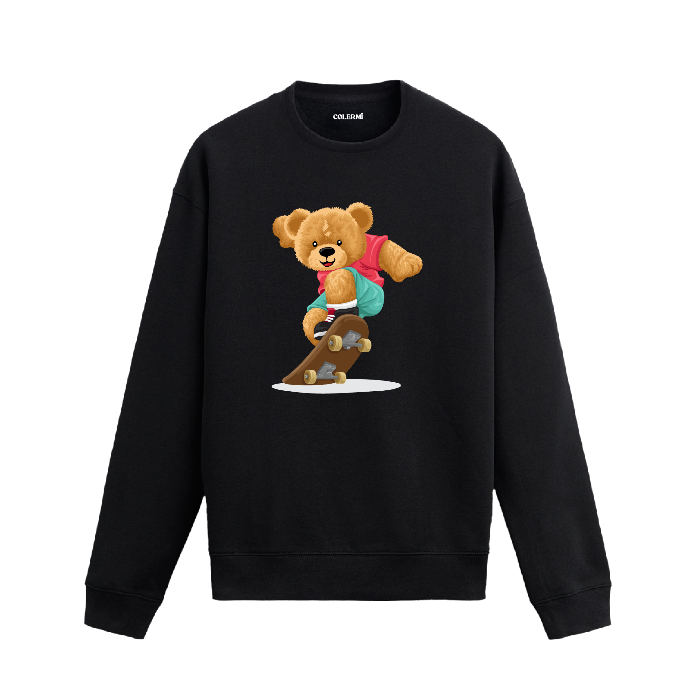 Kaykaycı ayıcık baskılı sweatshirt, eğlenceli tasarımı ve pamuklu kumaşıyla sokak stiline enerji katıyor.