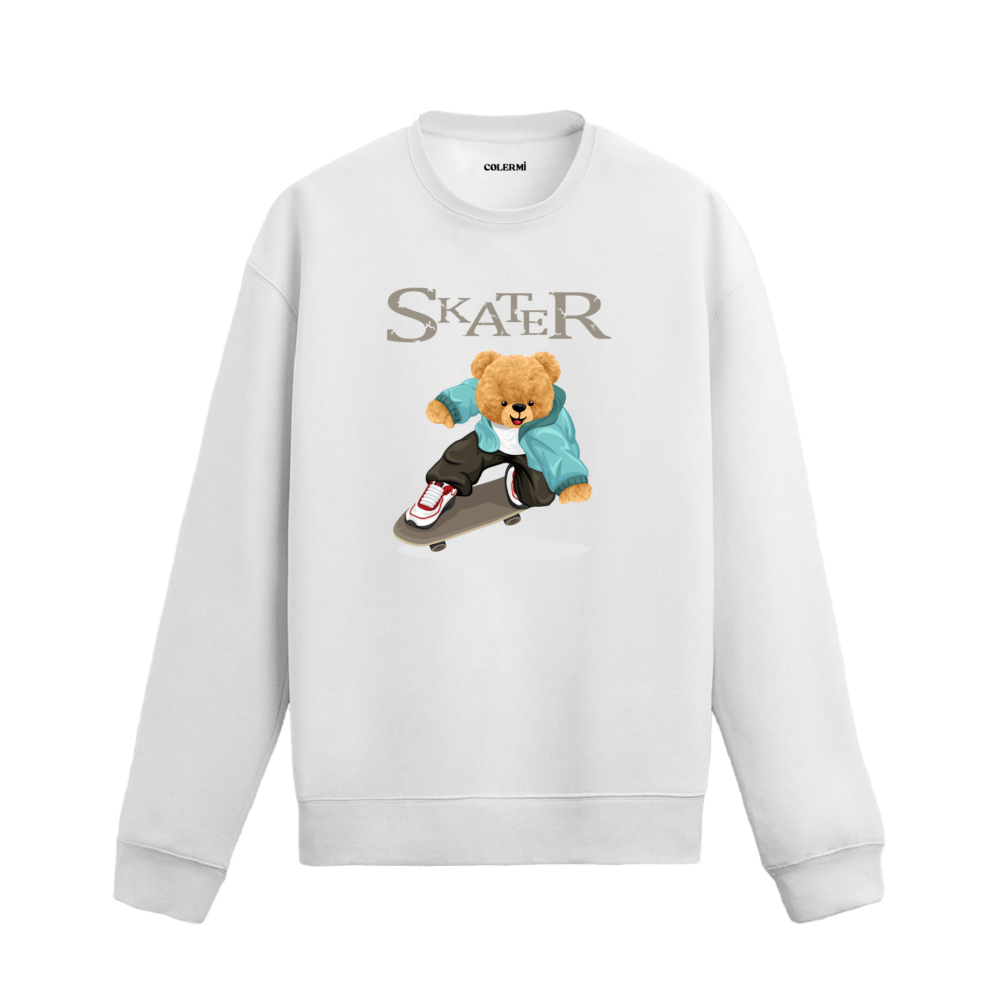 Skater ayıcık baskılı sweatshirt, kaykay temalı tasarımı ve pamuklu dokusuyla günlük stilinize enerjik bir hava katıyor.