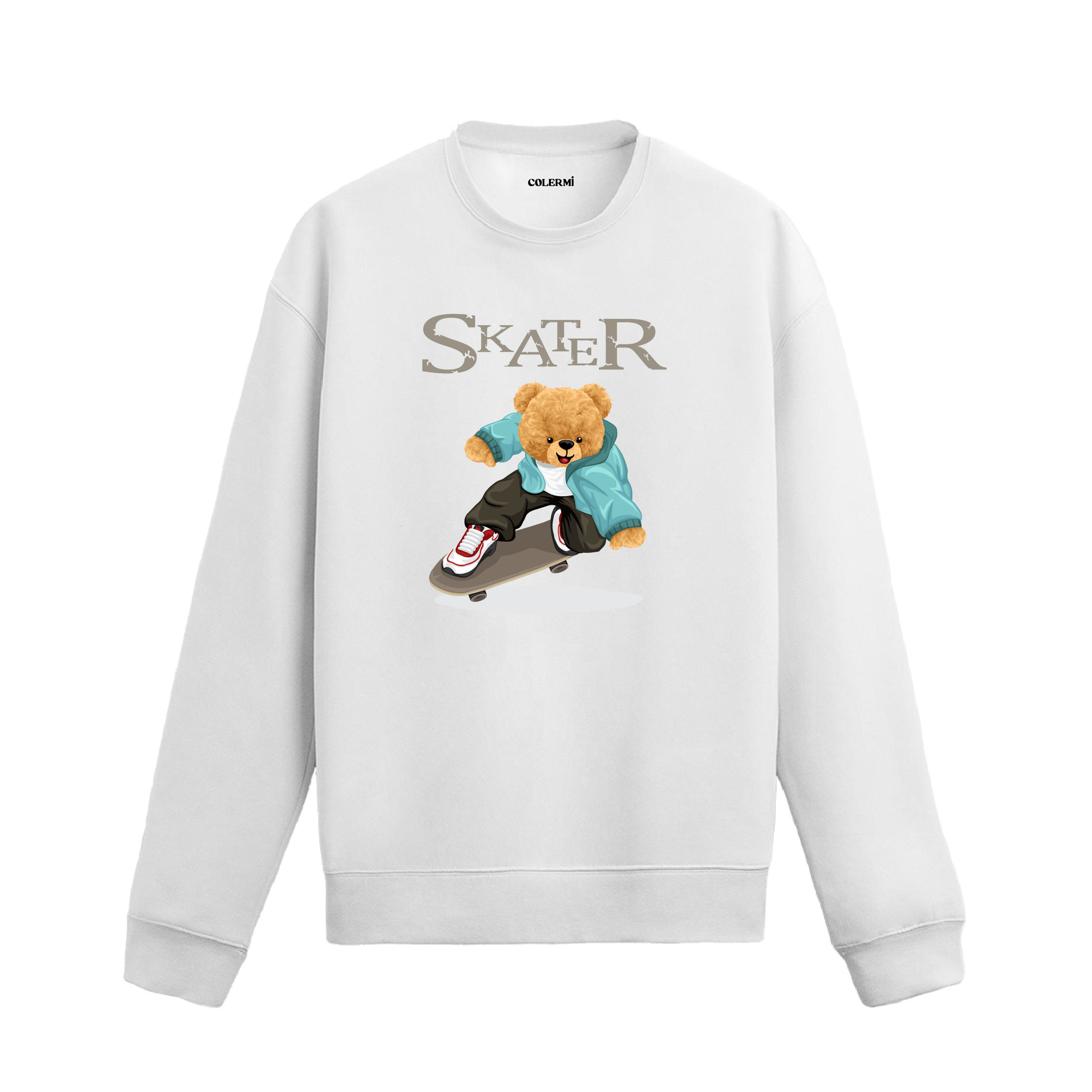 Skater ayıcık baskılı sweatshirt, kaykay temalı tasarımı ve pamuklu dokusuyla günlük stilinize enerjik bir hava katıyor.