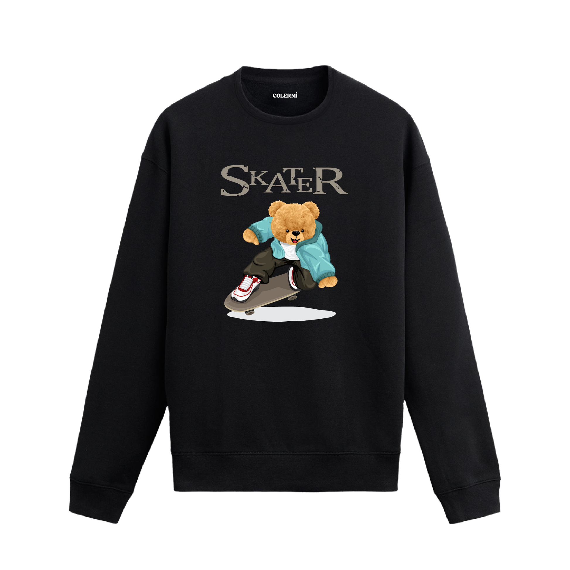 Skater ayıcık baskılı sweatshirt, kaykay temalı tasarımı ve pamuklu dokusuyla günlük stilinize enerjik bir hava katıyor.