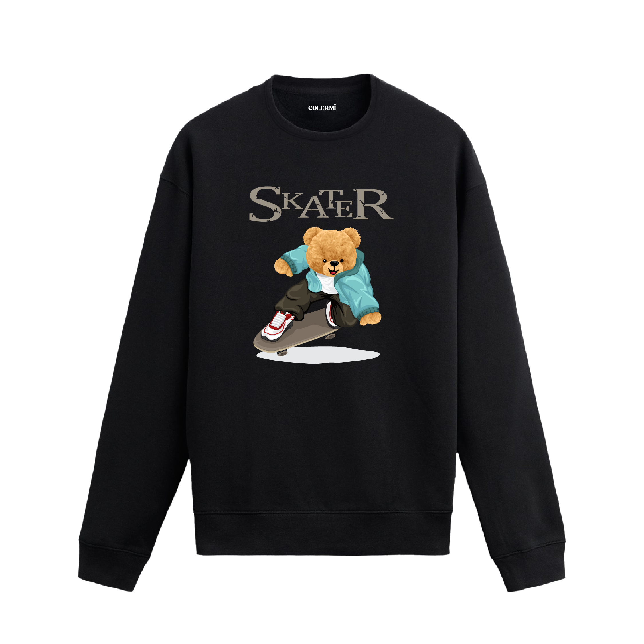 Skater ayıcık baskılı sweatshirt, kaykay temalı tasarımı ve pamuklu dokusuyla günlük stilinize enerjik bir hava katıyor.
