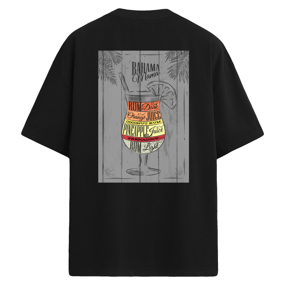 Bahama Mama baskılı, katmanlı kokteyl tasarımlı sırt detaylı oversize tişört