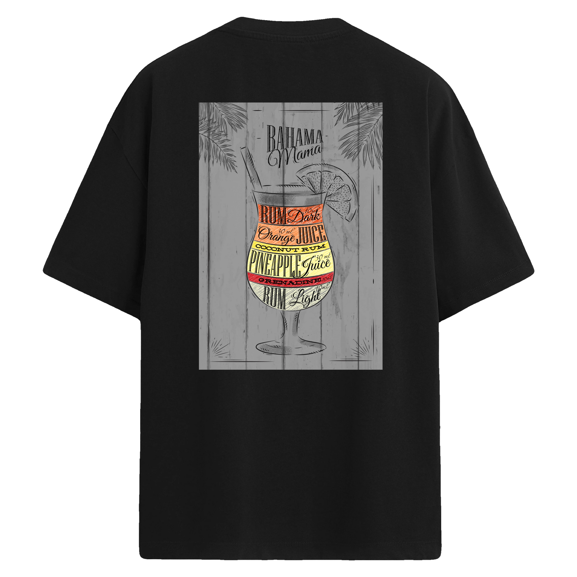 Bahama Mama baskılı, katmanlı kokteyl tasarımlı sırt detaylı oversize tişört