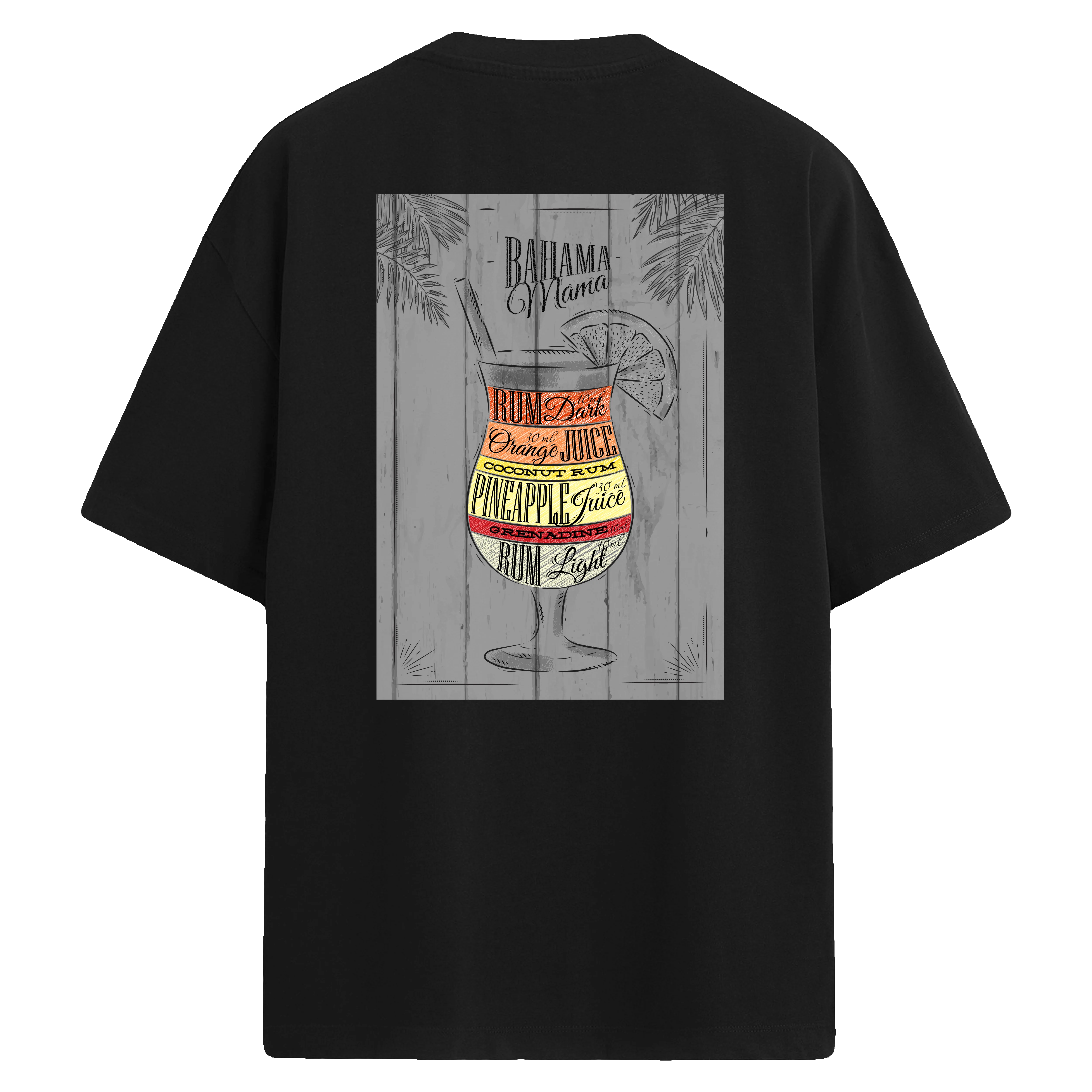 Bahama Mama baskılı, katmanlı kokteyl tasarımlı sırt detaylı oversize tişört