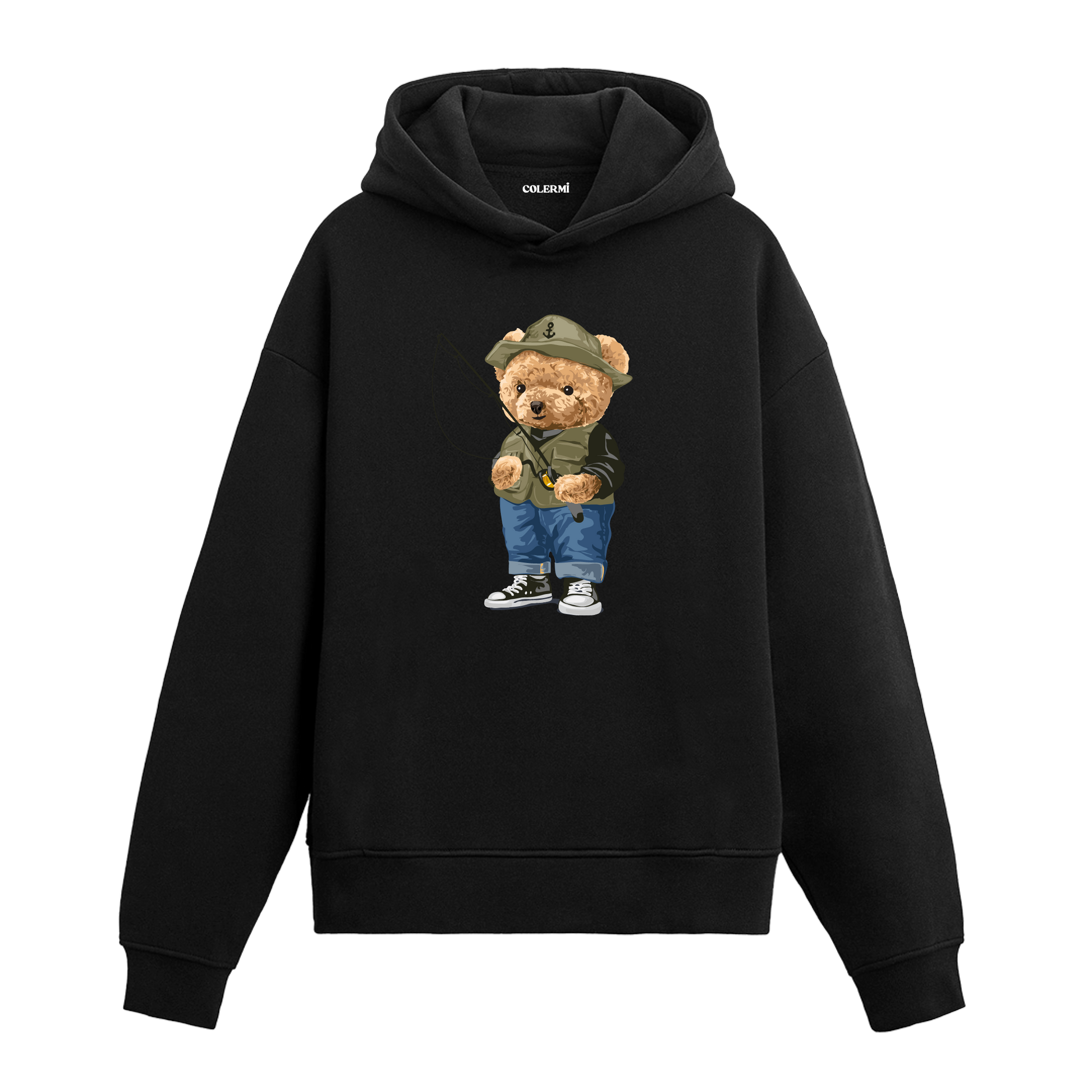 Balık tutan ayıcık figürlü tasarım hoodie modeli.