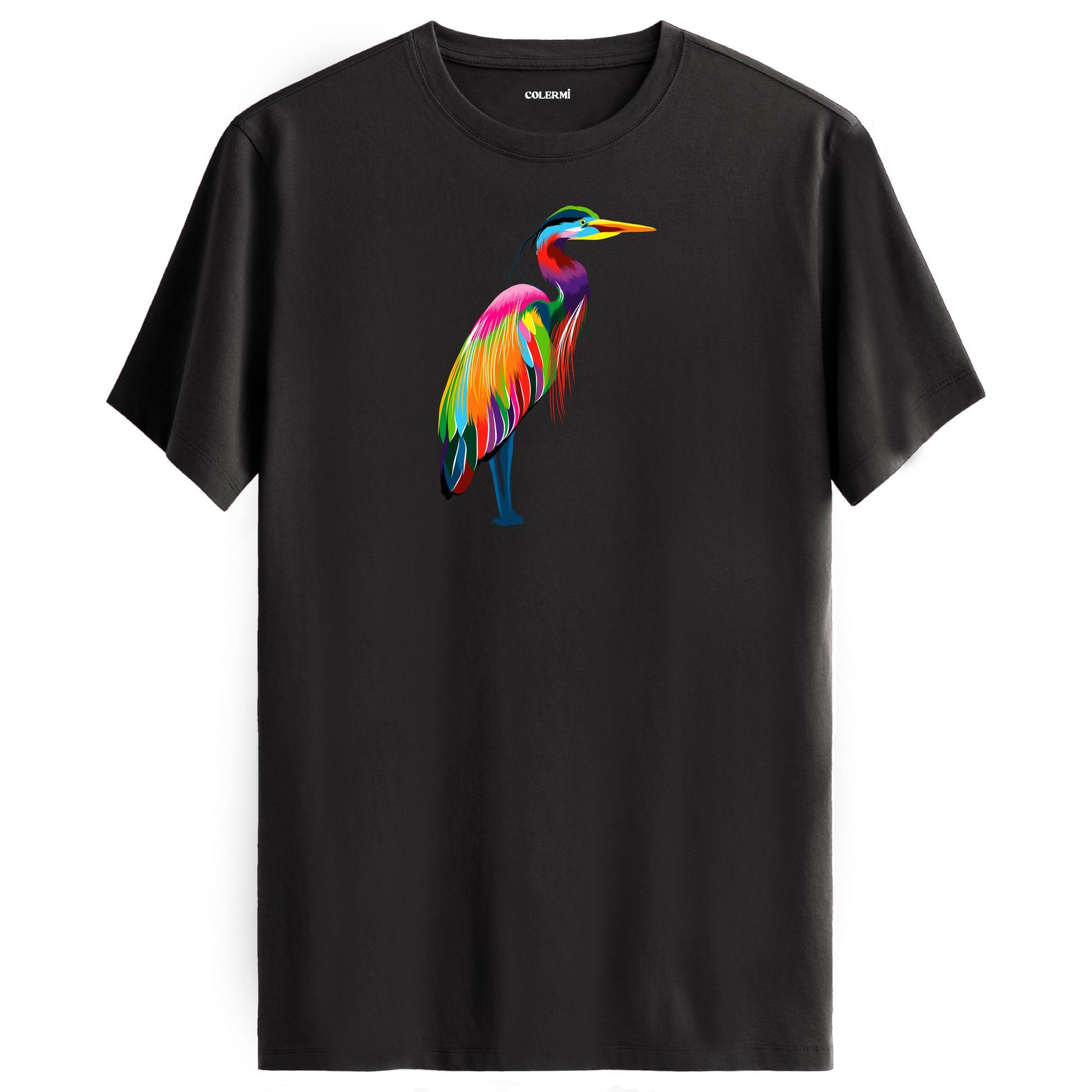 Antrasit tişört üzerinde renkli balıkçıl kuşu tasarımı