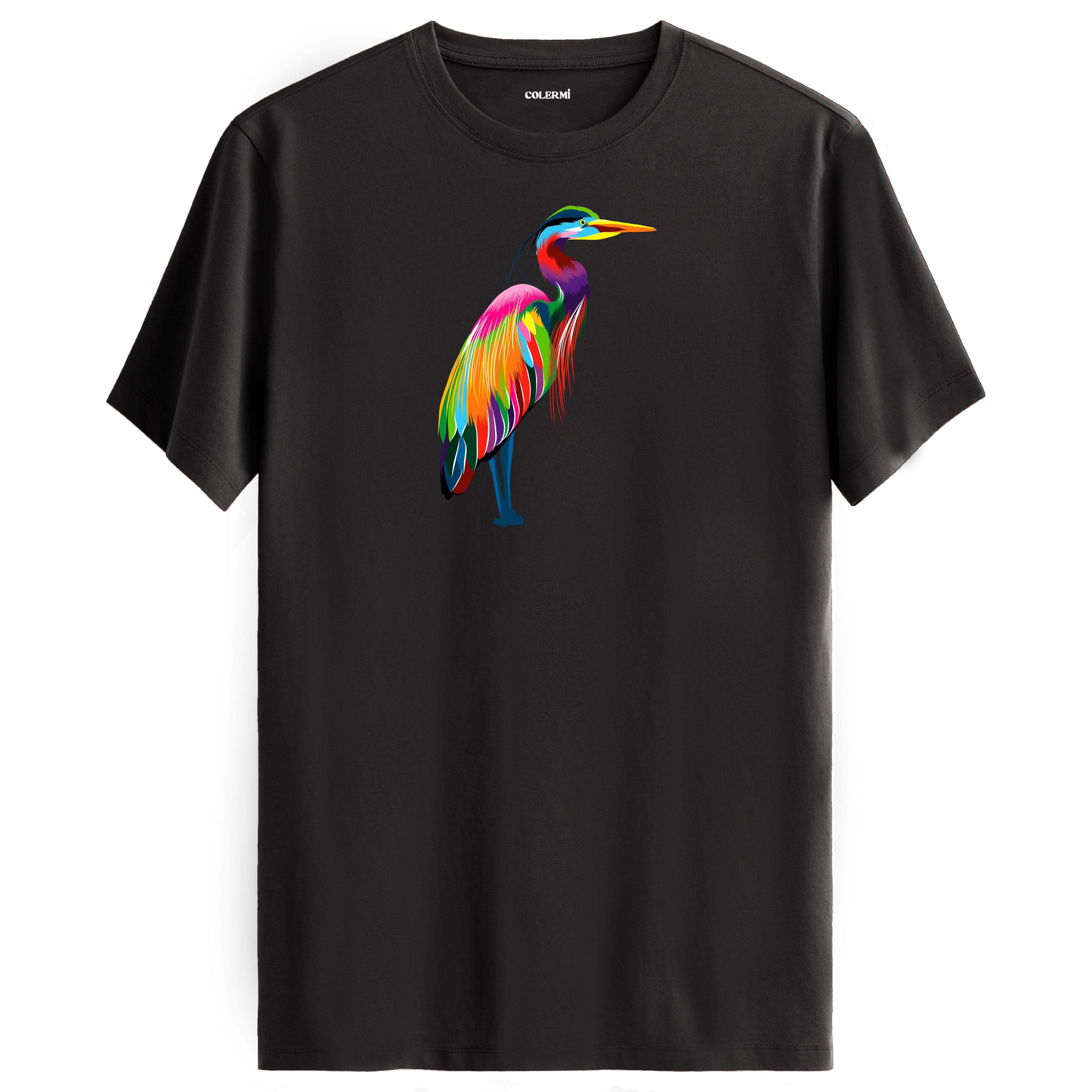 Antrasit tişört üzerinde renkli balıkçıl kuşu tasarımı