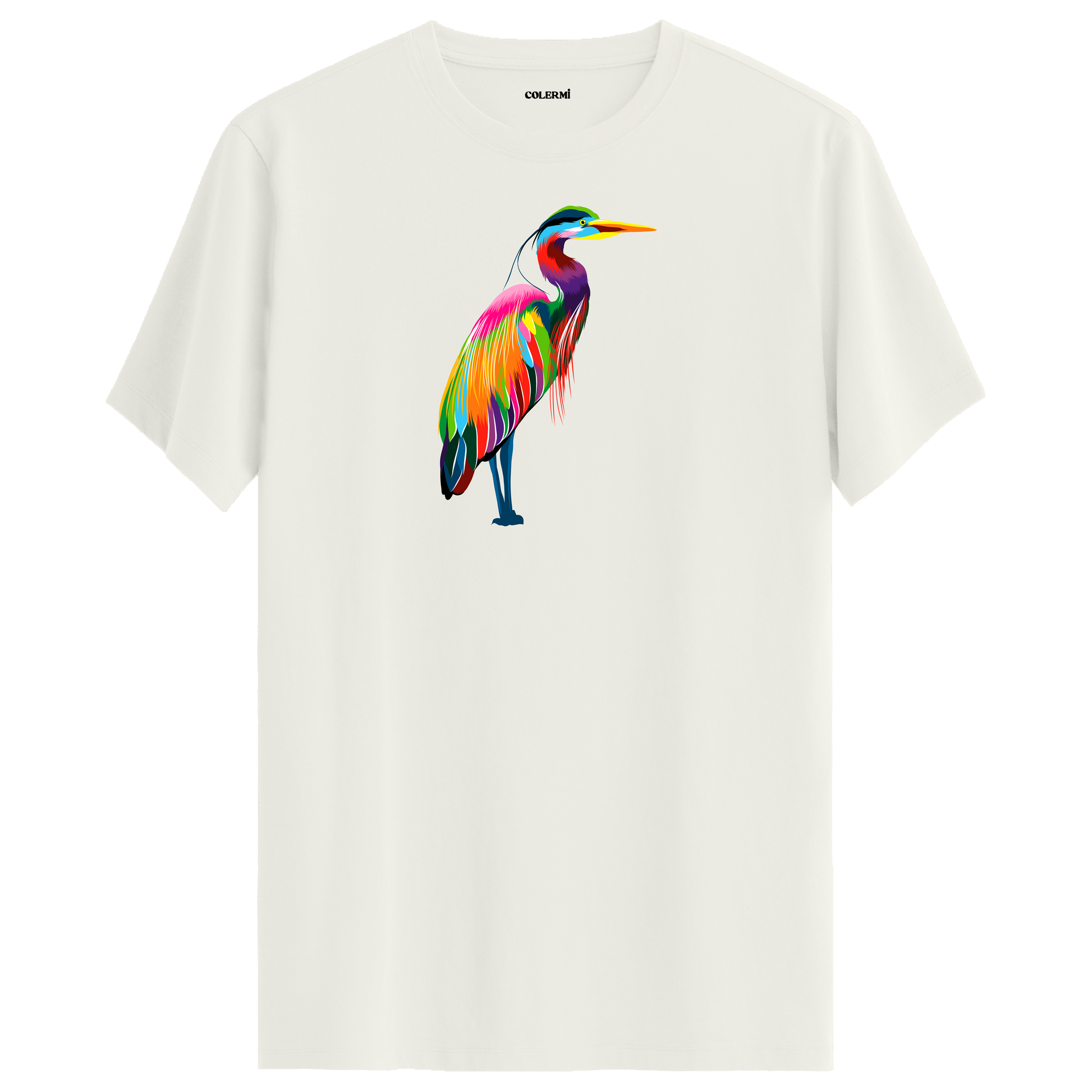 Ekru tişört üzerinde renkli balıkçıl kuşu tasarımı