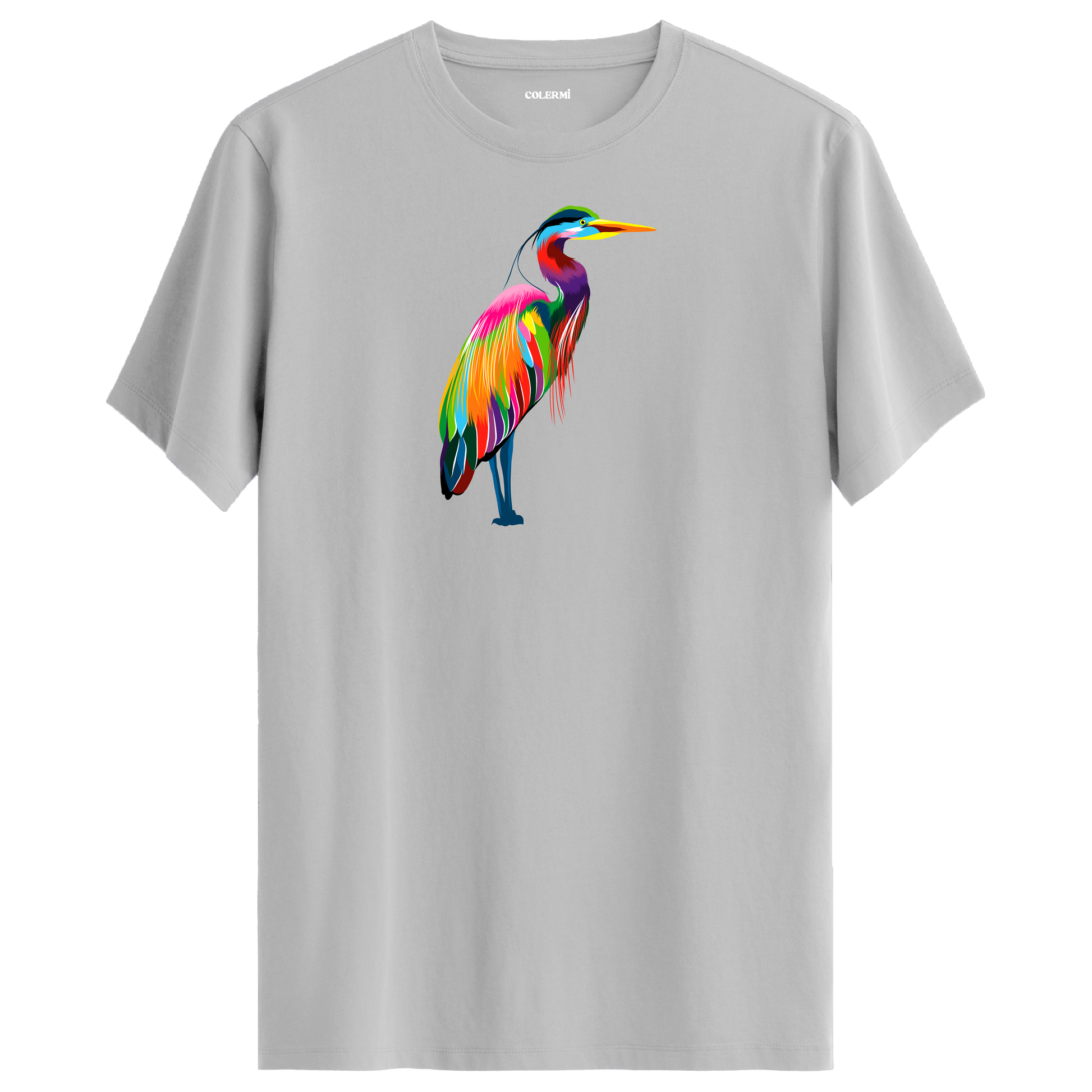 Gri tişört üzerinde renkli balıkçıl kuşu tasarımı