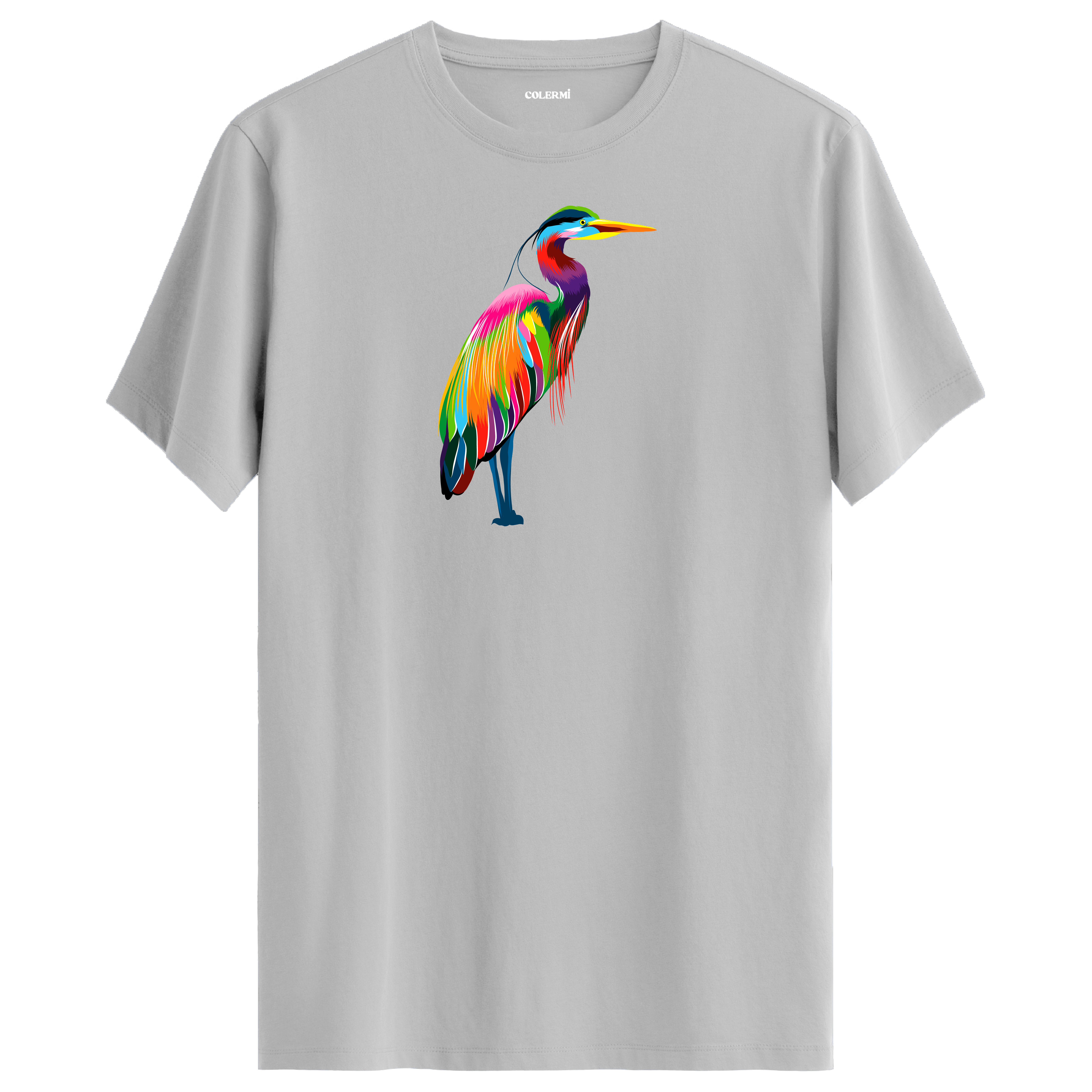 Gri tişört üzerinde renkli balıkçıl kuşu tasarımı