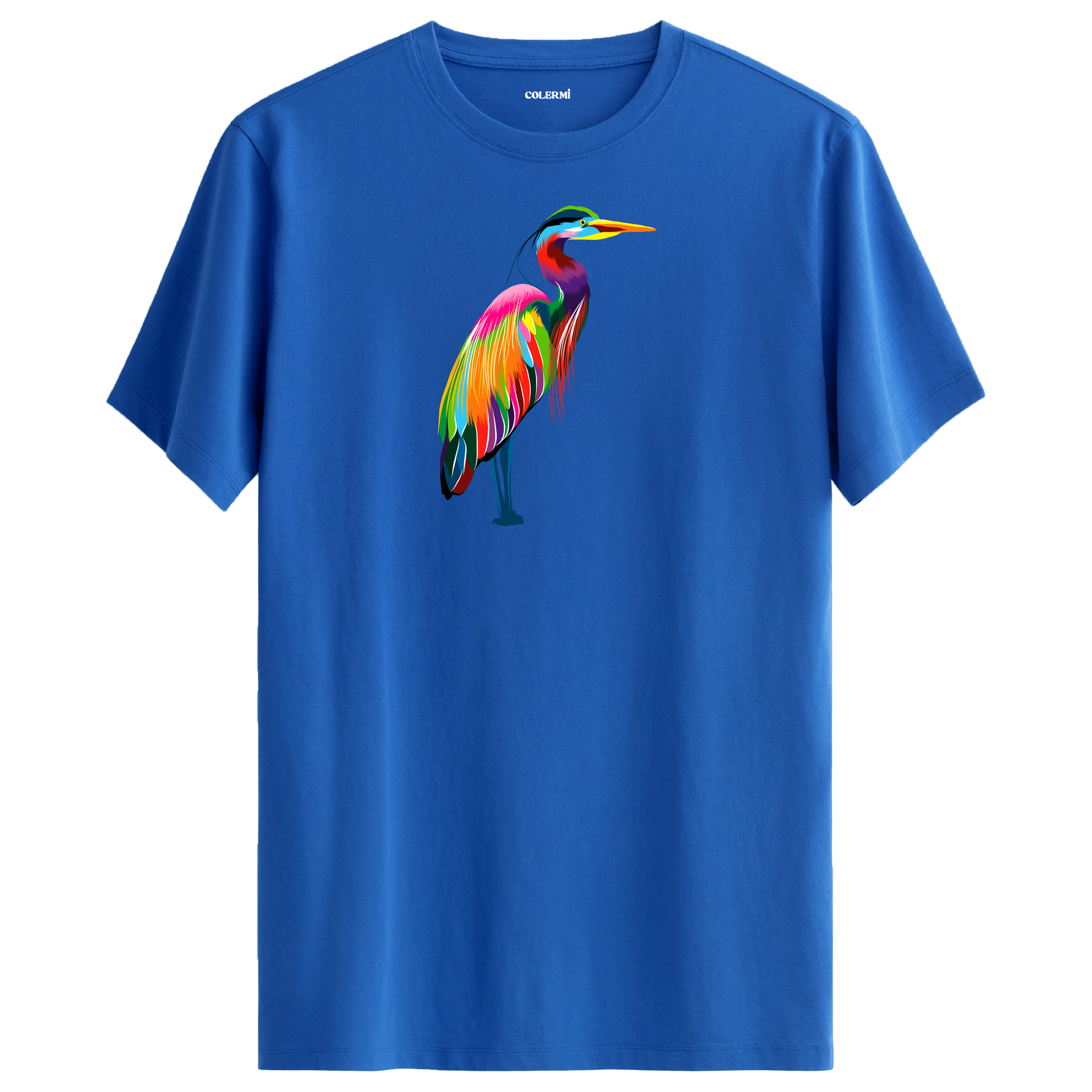 Mavi tişört üzerinde renkli balıkçıl kuşu tasarımı