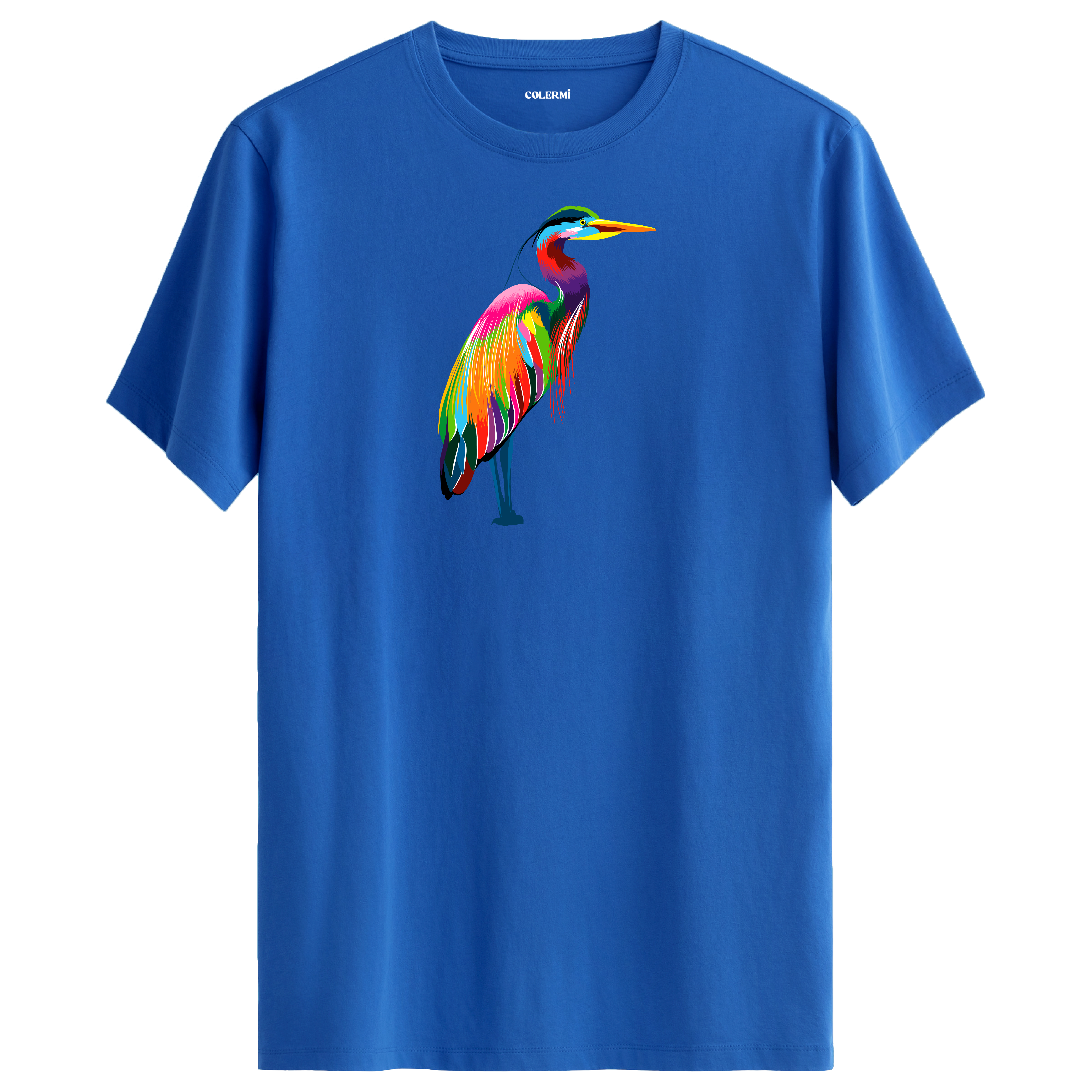 Mavi tişört üzerinde renkli balıkçıl kuşu tasarımı