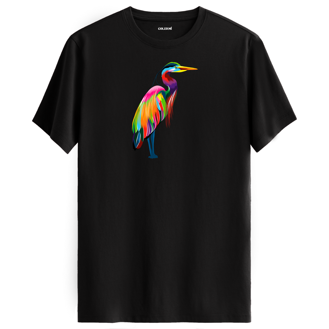 Siyah tişört üzerinde renkli balıkçıl kuşu tasarımı