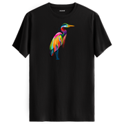Siyah tişört üzerinde renkli balıkçıl kuşu tasarımı