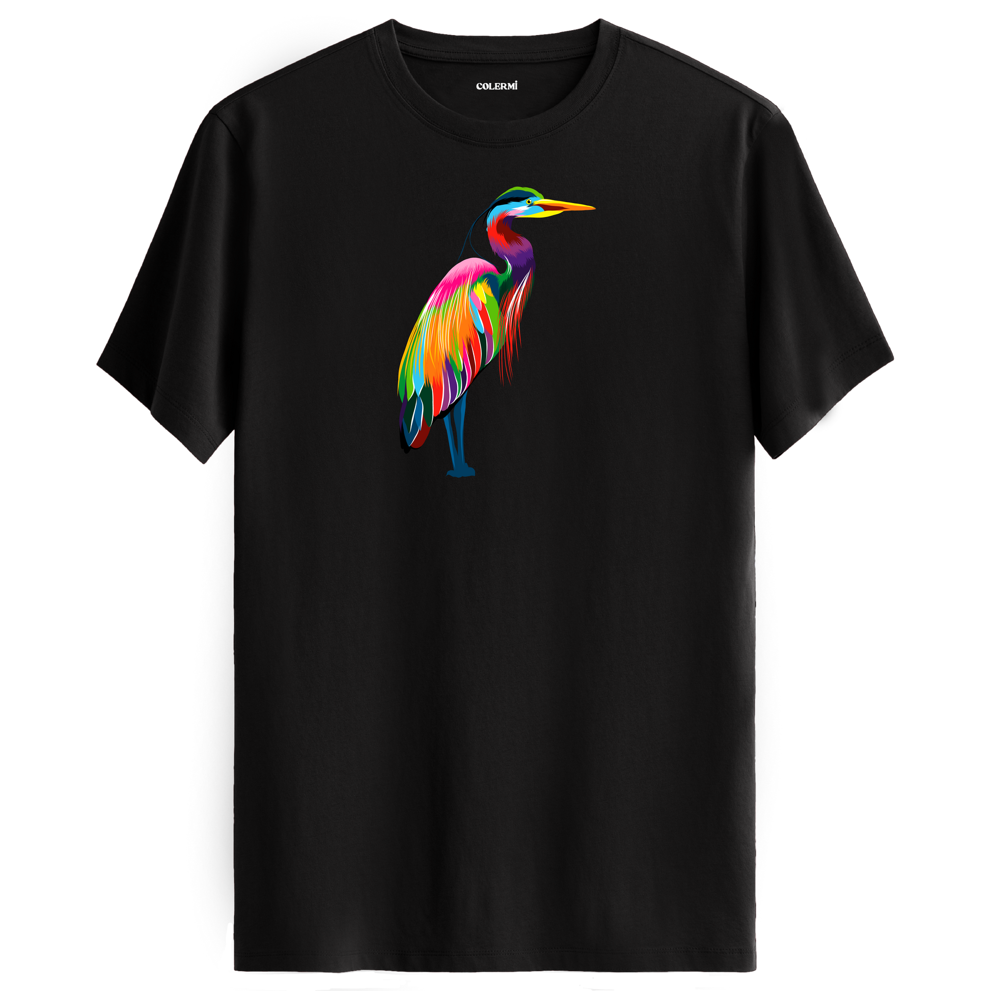 Siyah tişört üzerinde renkli balıkçıl kuşu tasarımı