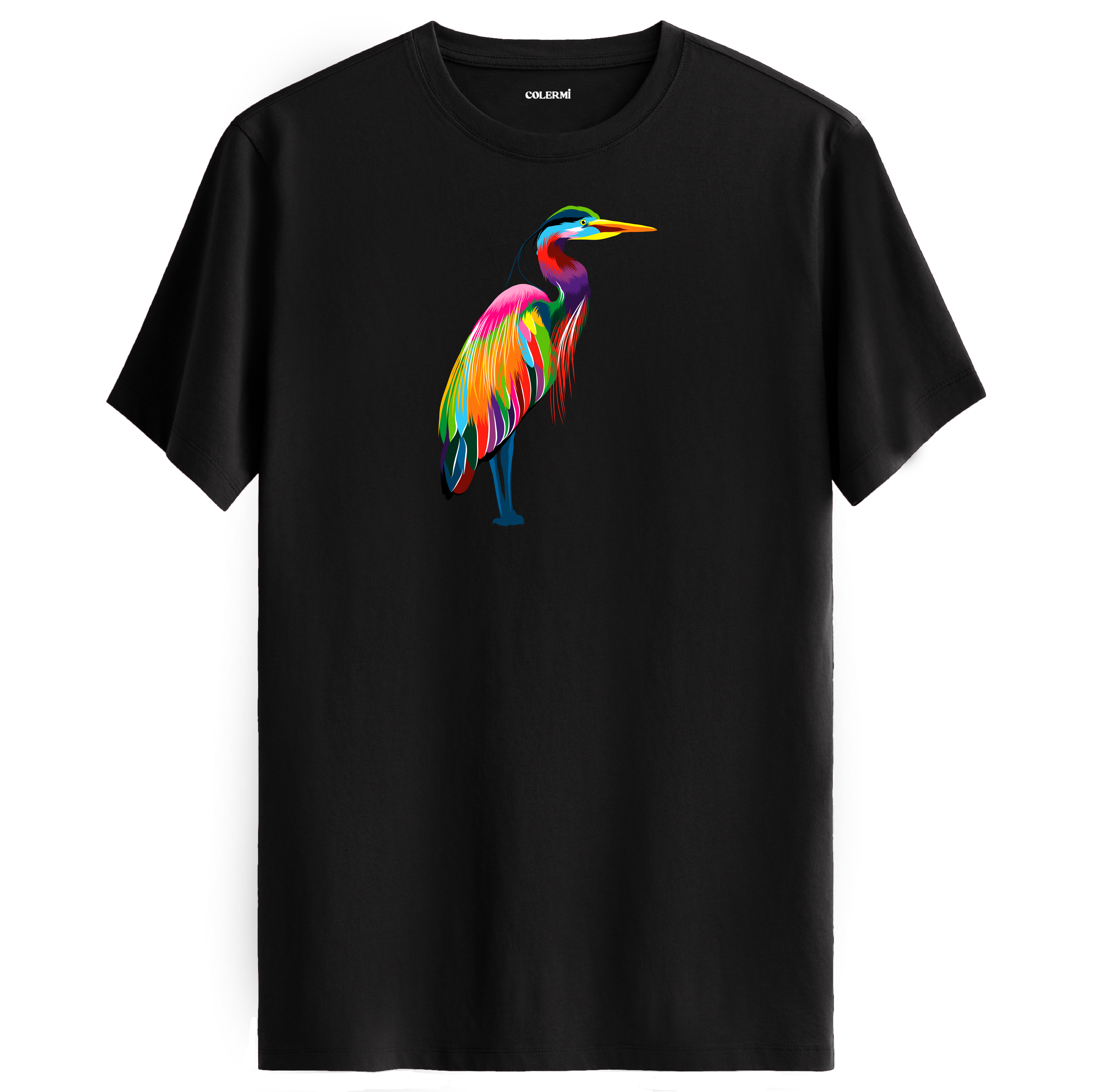 Siyah tişört üzerinde renkli balıkçıl kuşu tasarımı