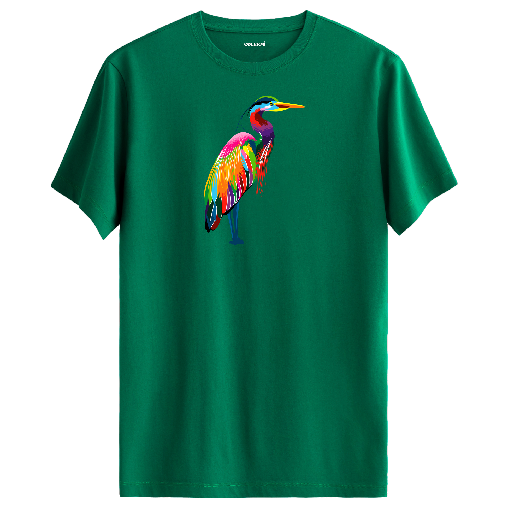 Yeşil tişört üzerinde renkli balıkçıl kuşu tasarımı